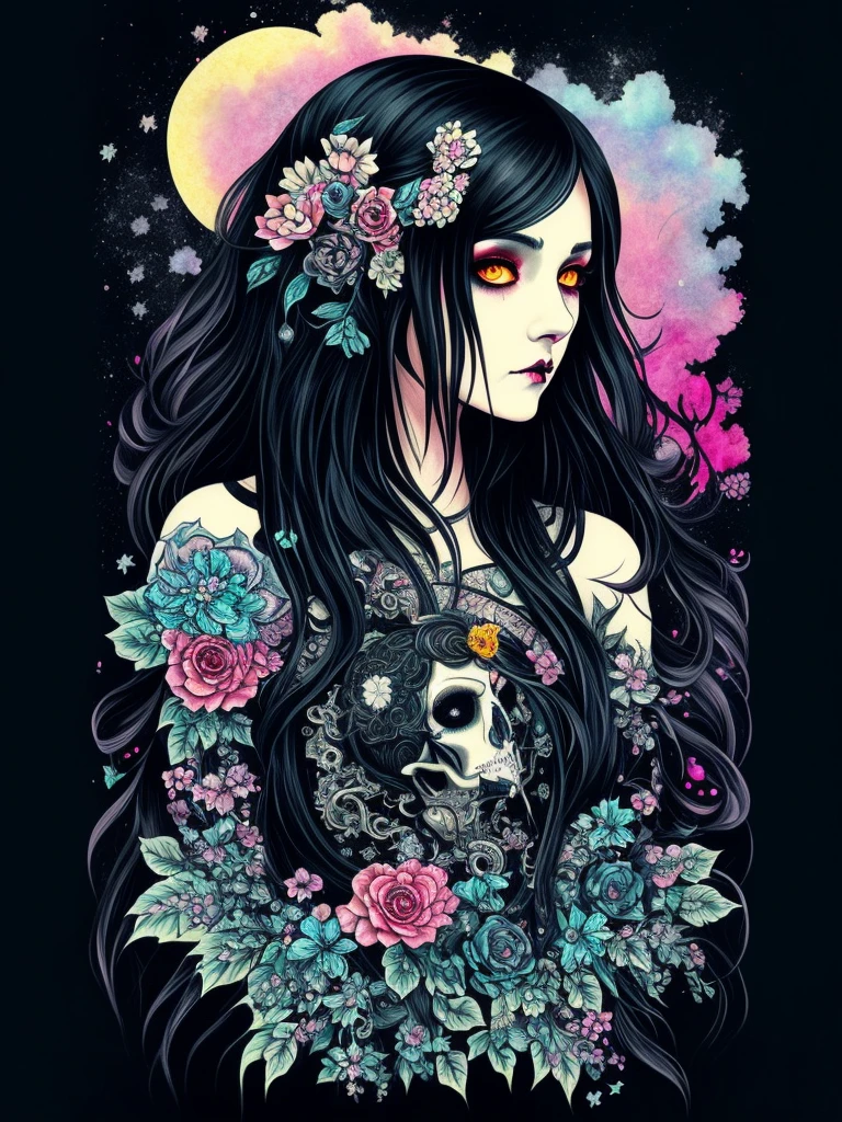 a tattoo, woman with short black hair, anime skull portrait woman, a beautiful art illustration, dark art style, gothic art style, flowers in her dark hair, highly detailed dark art, beautiful necromancer girl, gothic art, Jen Bartel, goddess of death, colorful illustration, dreamy gothic girl, colorful digital illustration