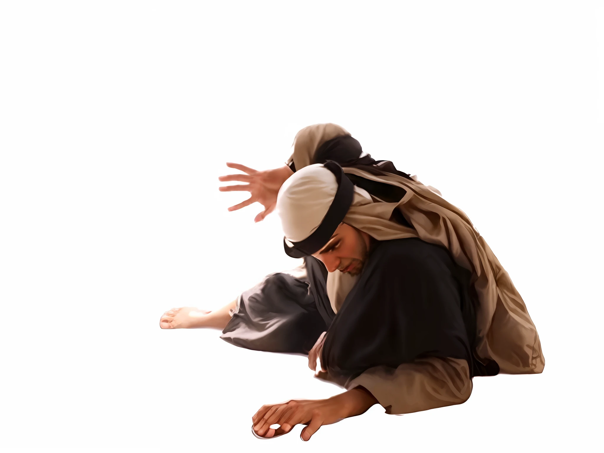 arafed man in a black shirt and a white hat is doing a trick on a skateboard, sufism, kimura, arabian wrestling woman, beautiful image, islamic, sadan vague, aikido, by Kamāl ud-Dīn Behzād, kneeling, struggling, pus, praying, whirling, daigo ikeno