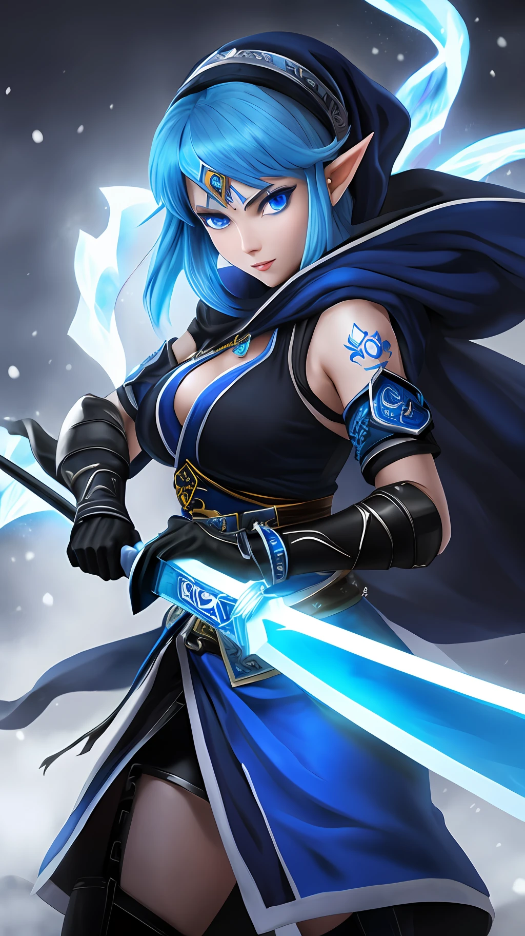 A photo of Princess Zelda from a full body shot, short Blue hair, blue eyes, dressed as a Ninja in black+neon blue with a black mask and hood with blue details, XL bust, holding a sword ice, emanating icy energy around your body. Background: gruesome cemetery at night with snow. Mortal Kombat, Unreal Engine 5, Anime, Anime style, Masterpiece, Well drawn eyes, well drawn face, well detailed eyes, well detailed face, 8k, light and shadow effect.