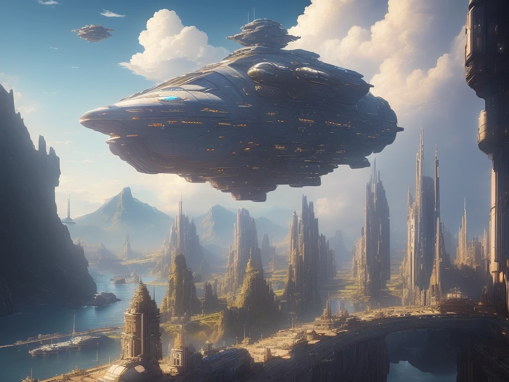((masterpiece)),((best quality)),((high detail)),((realistic,)) Hovering massive spaceship on a sci-fi port city, docking yard, nebula in the background, steampunk_architecture, blue_sky, clouds, mountains, picturesque scenery, skyscrapers