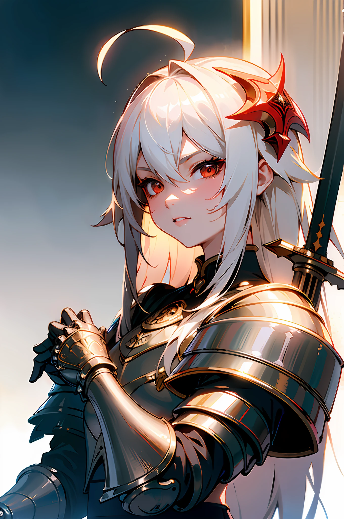 ((masterpiece)), ((high detail)), 1girl, ((ultra-detailed)),((delicate face)), Beautiful detailed eyes, gradient hair,hairs between eyes, GSHead,1girl ,solo,white hair,long hair,red eyes,genshin_impact,Fully engraved background,look at the viewer,Sit on the throne ,Flat face,((aggressive face)),((ahoge)),armored,knight,white doff armor, holding a dark european sword,Flat expression, relaxed face, slightly smiling lips,grim armor,Sunlight illuminates the room,((good lighting)),king pose,Both hands placed on the hilt of the sword which was reversed, sitting on the shining silver throne, the angle view is quite far,