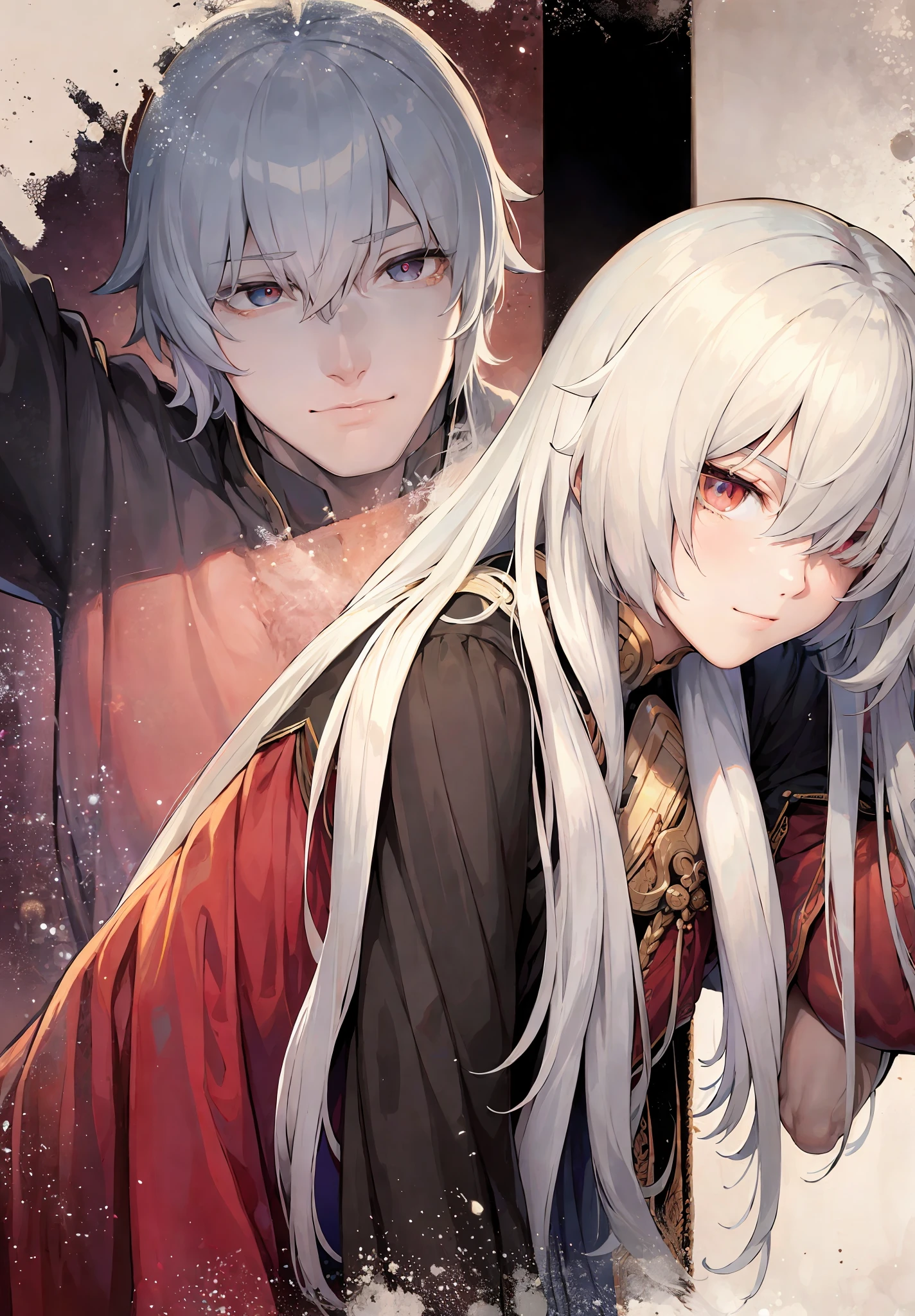 Character setting: Handsome man, long white hair, flat bangs, covering one eye, golden pupil, lacrimal mole, white background