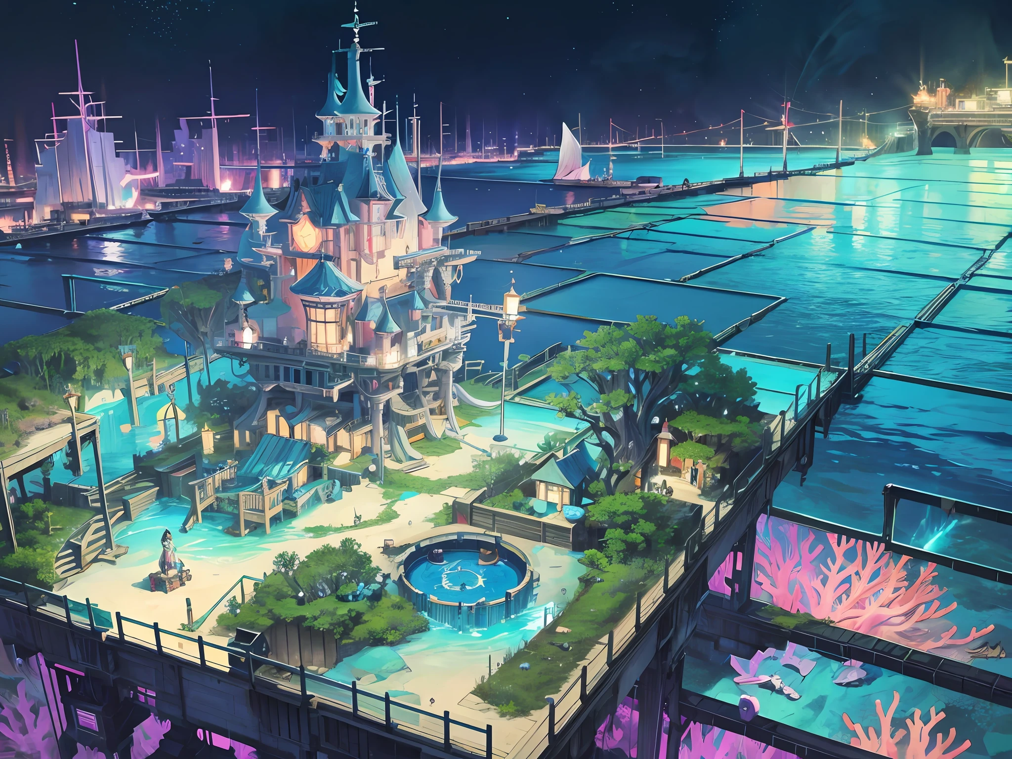 Color (Fantasy: 1.2), (Hayao Miyazaki style), (irregular building floating under the sea), patchwork houses, moss decorations, coral, lights, concept art inspired by Andreas Rocha, Artstation contest winner, fantasy art, (cyberpunk underwater city), ross tran, light axes, realistic lighting, masterpiece, high quality, beautiful graphics, high detail, masterpiece, high quality, beautiful graphics, high detail, --v6