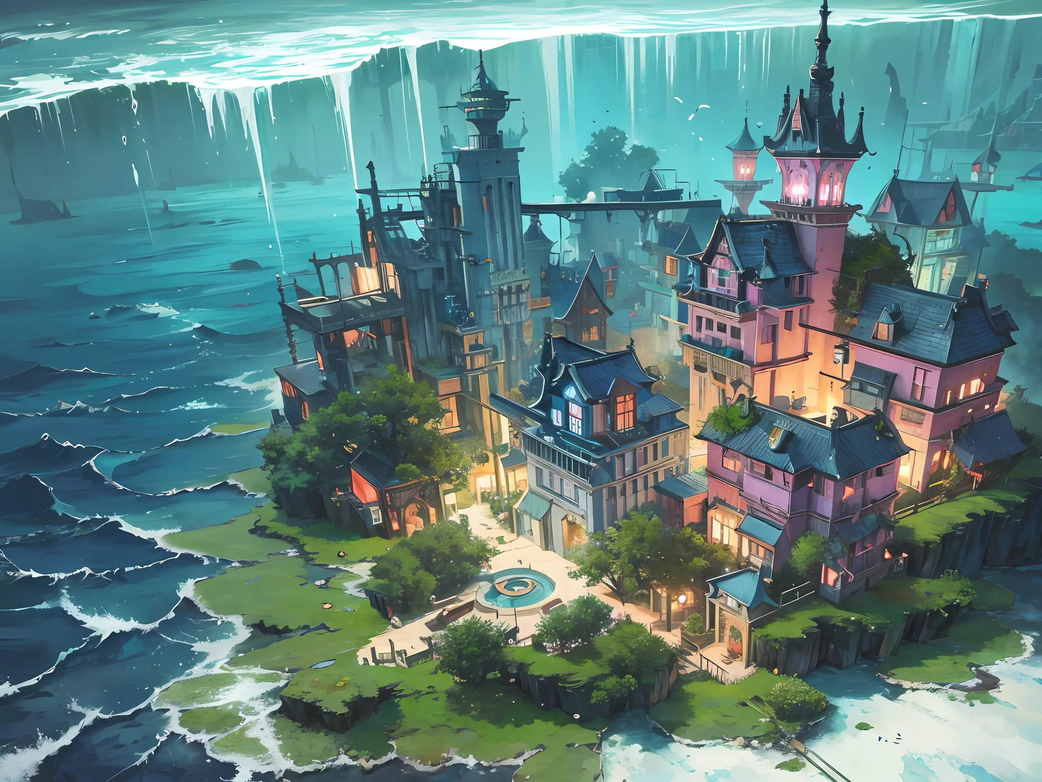 Color (Fantasy: 1.2), (Hayao Miyazaki style), (irregular building floating under the sea), patchwork houses, moss decorations, coral, lights, concept art inspired by Andreas Rocha, Artstation contest winner, fantasy art, (cyberpunk underwater city), ross tran, light axes, realistic lighting, masterpiece, high quality, beautiful graphics, high detail, masterpiece, high quality, beautiful graphics, high detail, --v6