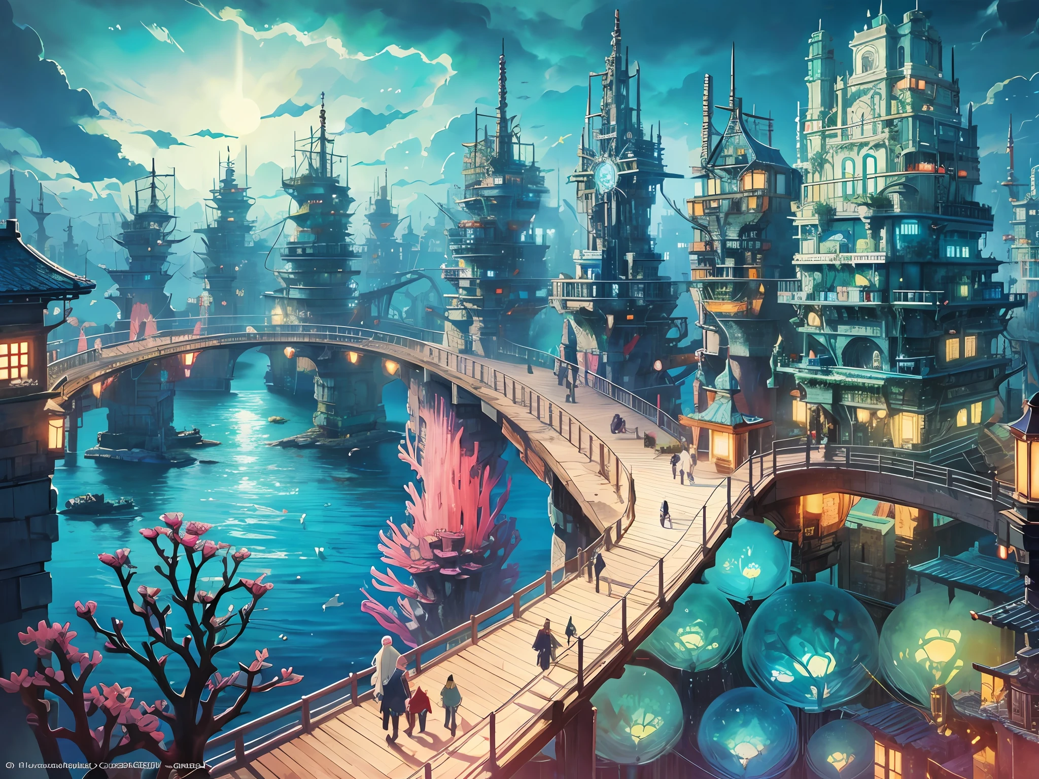 Color (Fantasy: 1.2), (Hayao Miyazaki style), (irregular building floating under the sea), patchwork houses, moss decorations, coral, lights, concept art inspired by Andreas Rocha, Artstation contest winner, fantasy art, (cyberpunk underwater city), ross tran, light axes, realistic lighting, masterpiece, high quality, beautiful graphics, high detail, masterpiece, high quality, beautiful graphics, high detail,  --v6