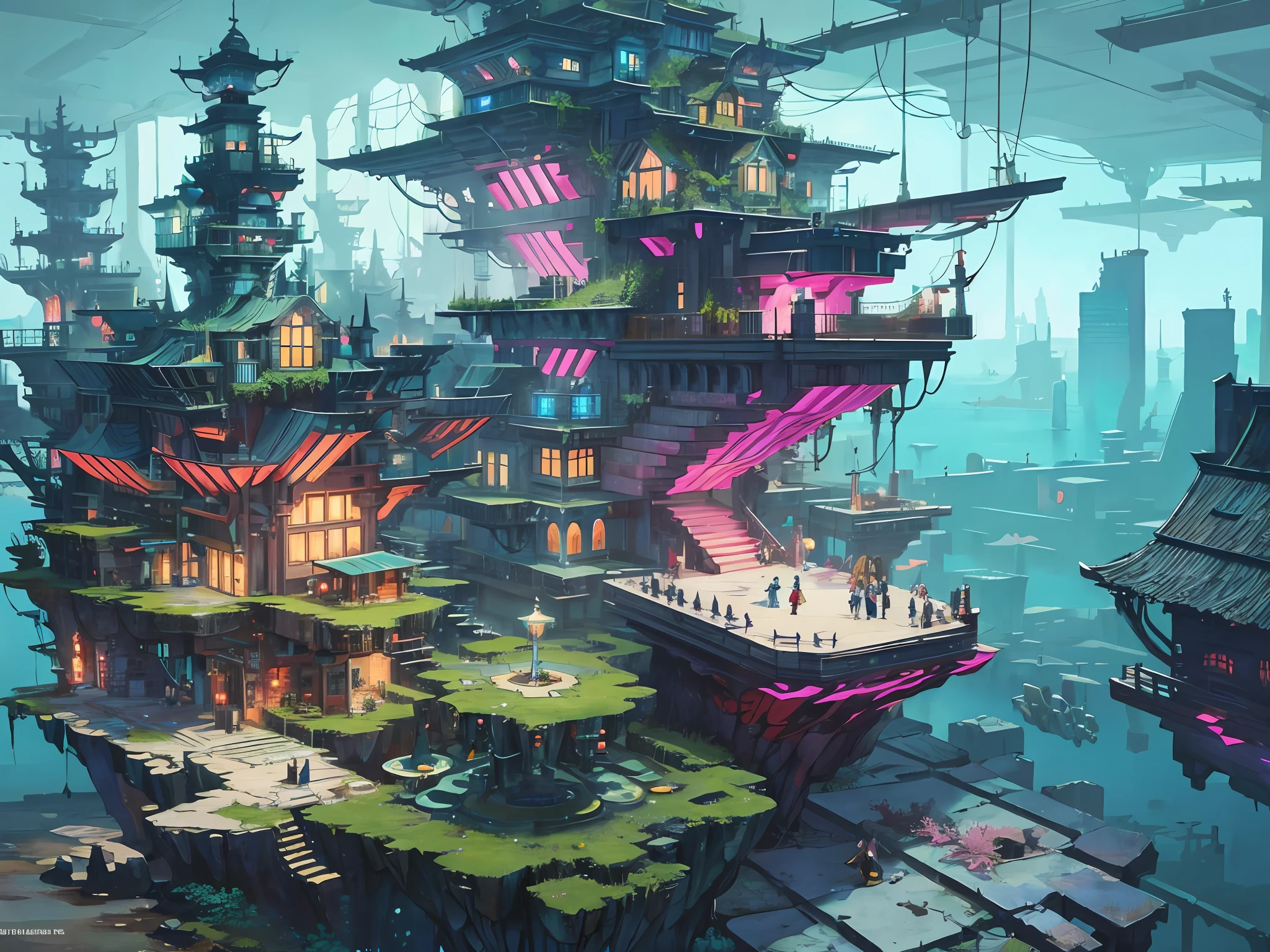 Color (Fantasy: 1.2), (Hayao Miyazaki style), (irregular building floating under the sea), patchwork houses, moss decorations, coral, lights, concept art inspired by Andreas Rocha, Artstation contest winner, fantasy art, (cyberpunk underwater city), ross tran, light axes, realistic lighting, masterpiece, high quality, beautiful graphics, high detail, masterpiece, high quality, beautiful graphics, high detail, --v6