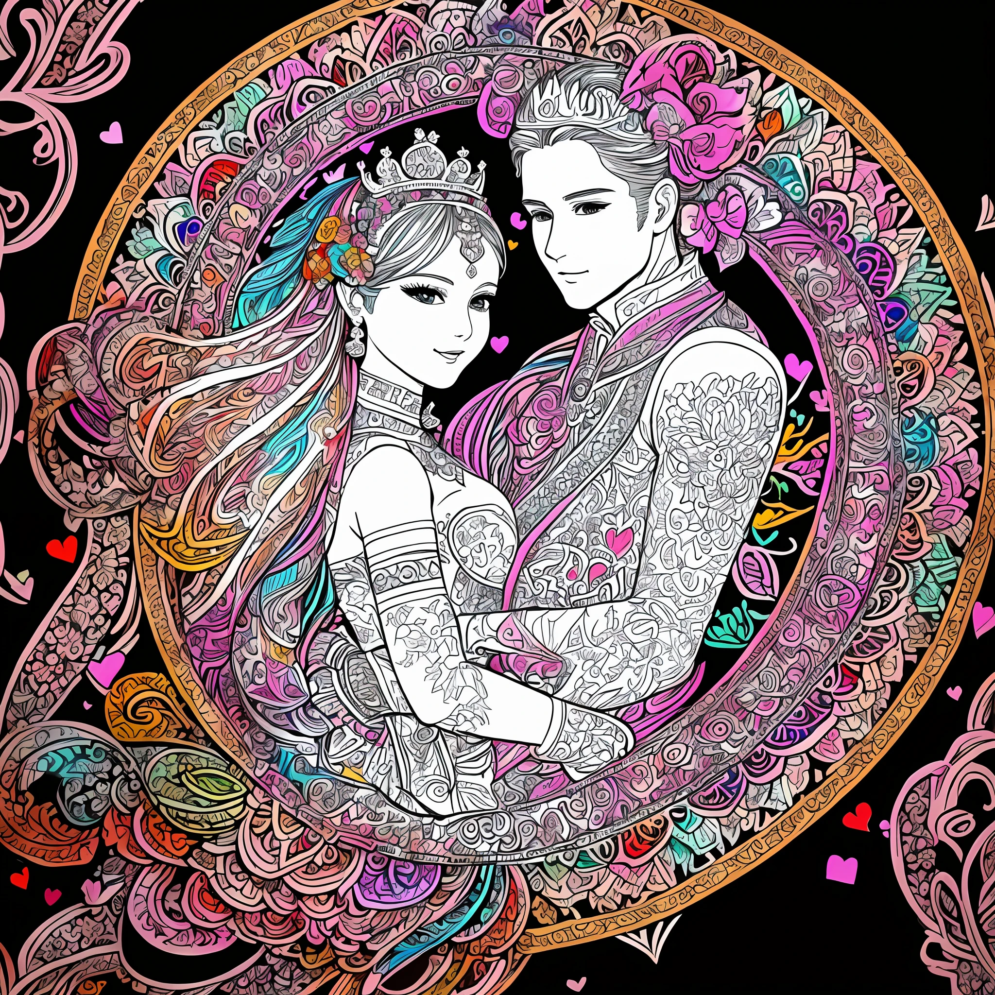 completely colored drawings, all colors, multicolored, bold lines, dark lines, valentine's day, mandala couple, white background, clean line art, fine line art, costume, prince, princess, mandala hearts, romantic scenes, only faces couple man and woman