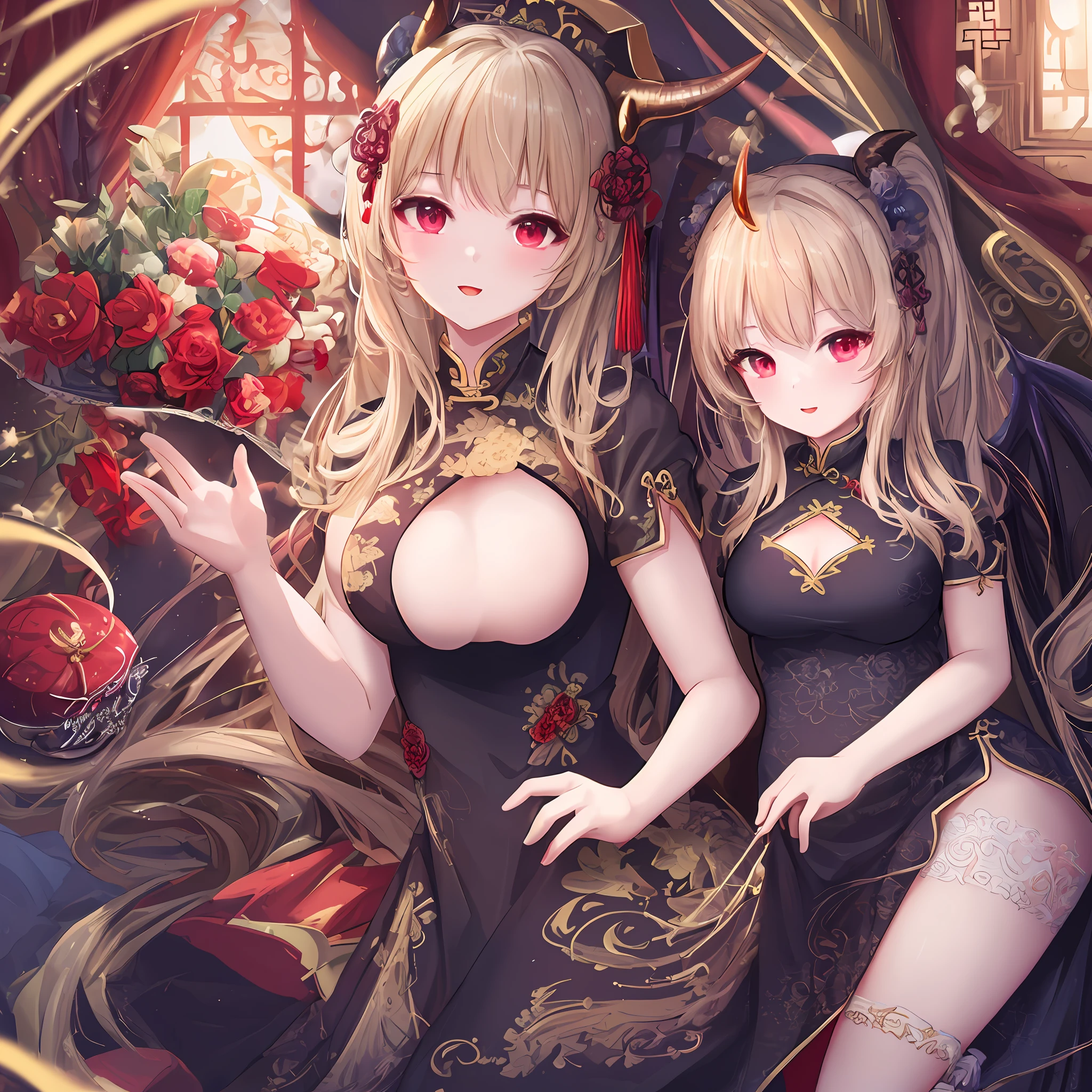 masterpiece, exquisite, super high quality, masterpiece, super high definition, demon, horn, china dress, cute, beautiful girl, high resolution