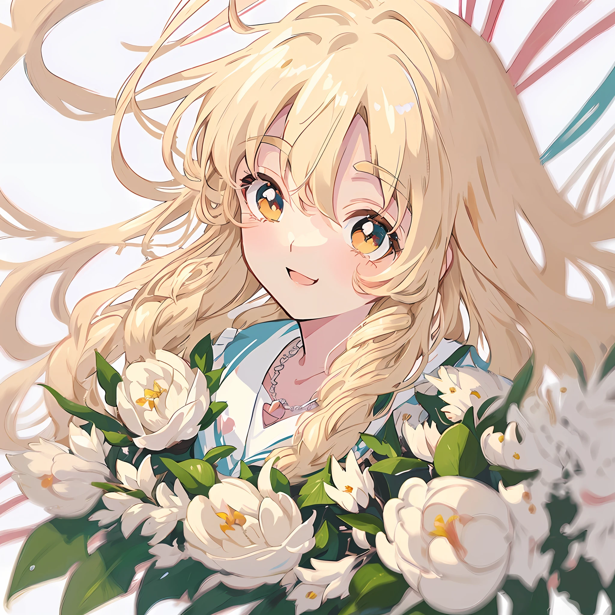 blond hair, anime, ghibli, anime style, close up, from side, first-person perspective, 8k, super detail, masterpiece, super detail, high quality, high resolution, high detail, white background, face details, happiness, curly hair, holding magnolia bouquet, necklace, long hair, student uniform, childish painting style,