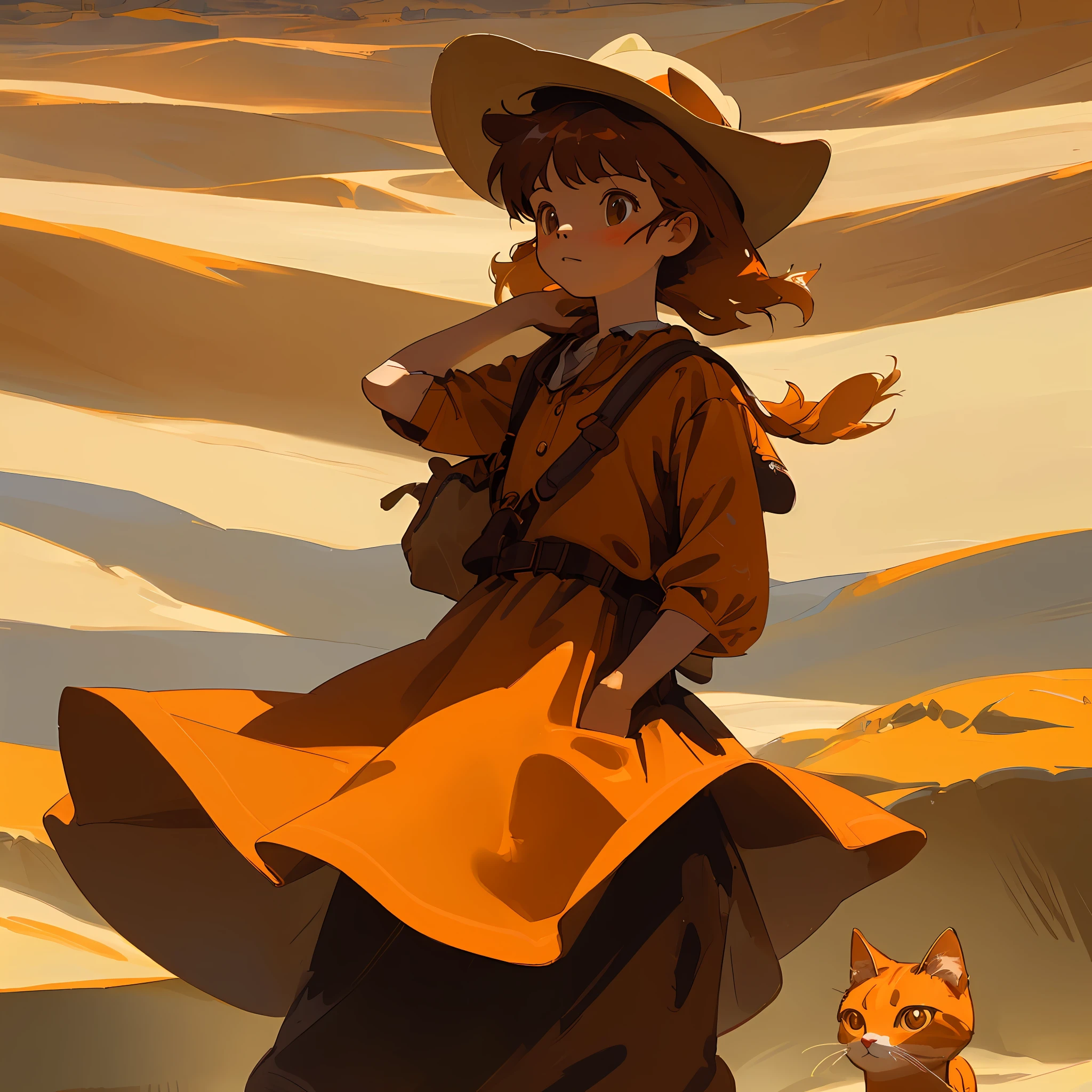 Highly detailed, masterpiece pulp illustration of a girl dressed as a cowboy happily strolling with her orange cat (in a small cowboy hat) through a desert of the Wild West. Daylight.