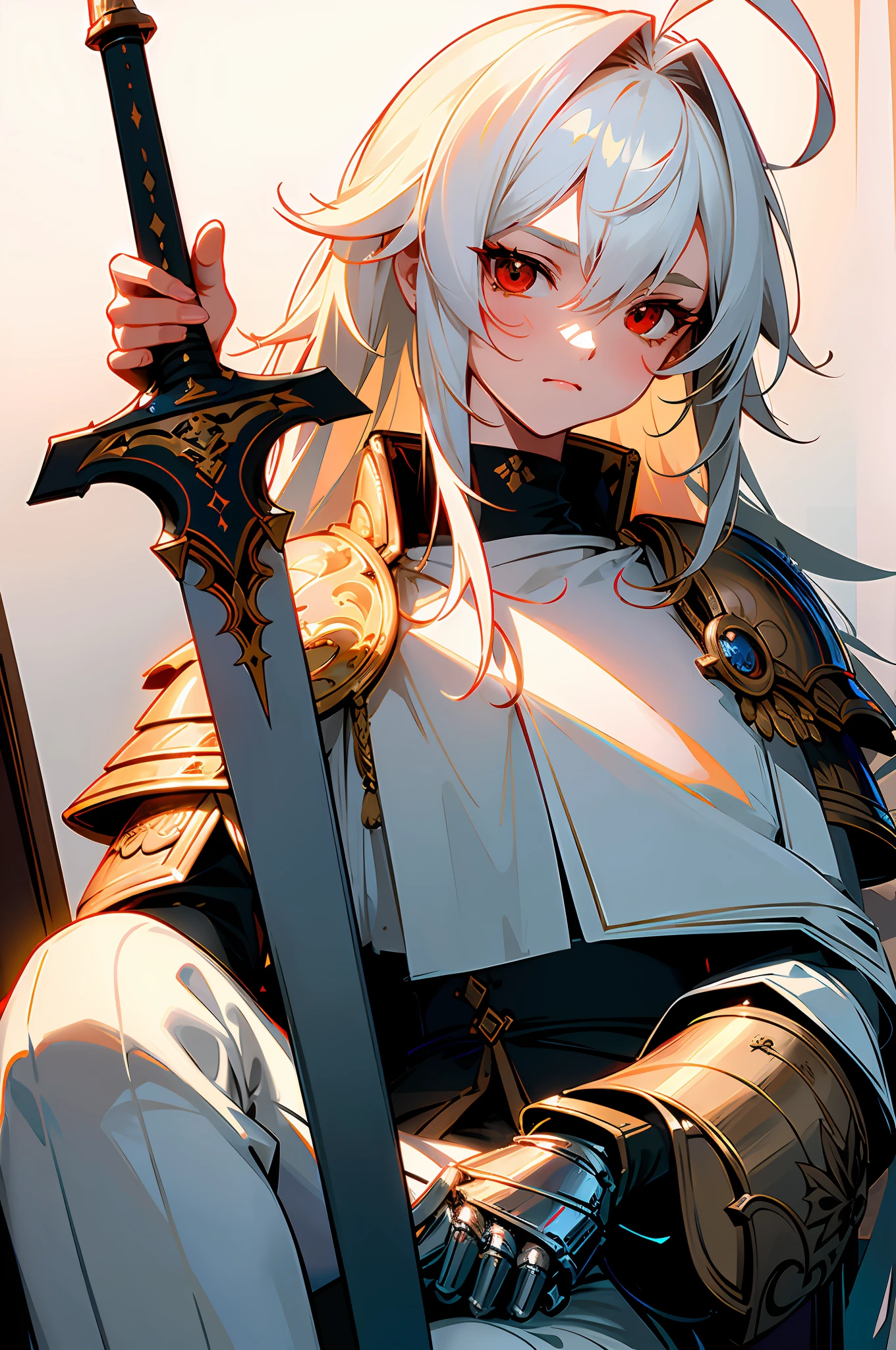 ((masterpiece)), ((high detail)), 1girl,  ((ultra-detailed)),((delicate face)),  Beautiful detailed eyes, gradient hair,hairs between eyes, GSHead,1girl ,solo,white hair,long hair,red eyes,genshin_impact,Fully engraved background,look at the viewer,Sit on the throne ,Flat face,((aggressive face)),((ahoge)),armored,knight,white doff armor, holding a dark european sword,Flat expression, relaxed face, slightly smiling lips,grim armor,Sunlight illuminates the room,((good lighting)),king pose,Both hands placed on the hilt of the sword which was reversed, sitting on the shining silver throne, the angle view is quite far,