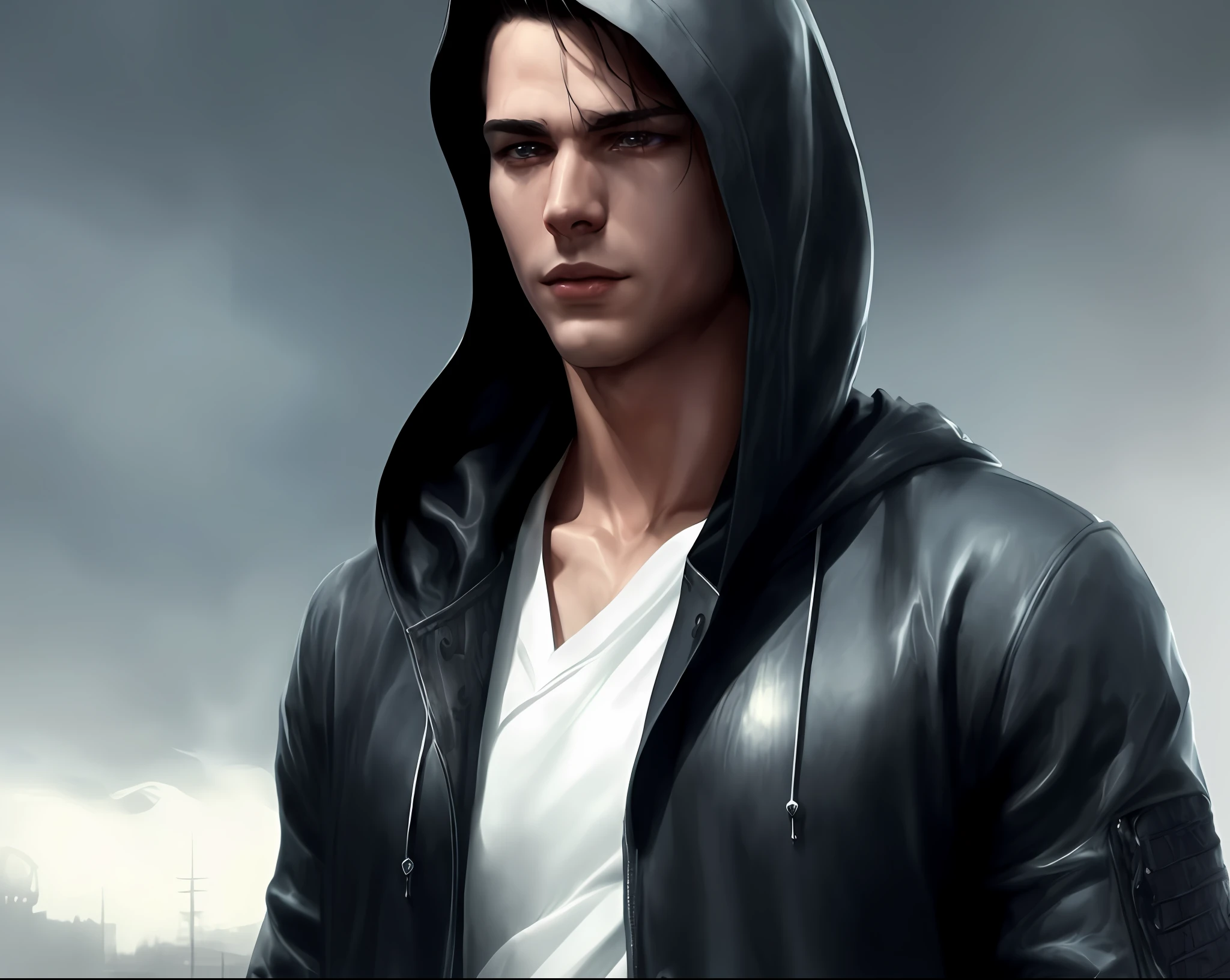 (exceedingly detailed CG unity 8k wallpaper, masterpiece, best quality, ultra-detailed), dynamic pose, a stunning and handsome young man with an alluring hood, (dark hair, a hint of a smile, piercing eyes), dramatic shadows, gloomy atmosphere.
