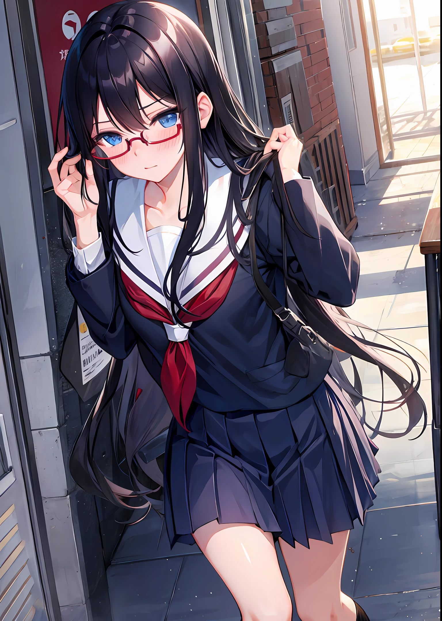 Long black hair, blushing cheeks, blue eyes, school uniform, sullen expression, glasses, anime