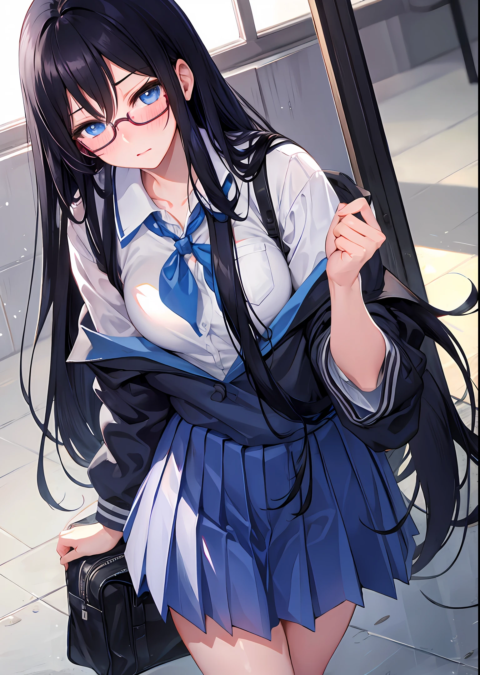 Long black hair, blushing cheeks, blue eyes, school uniform, sullen expression, glasses, anime