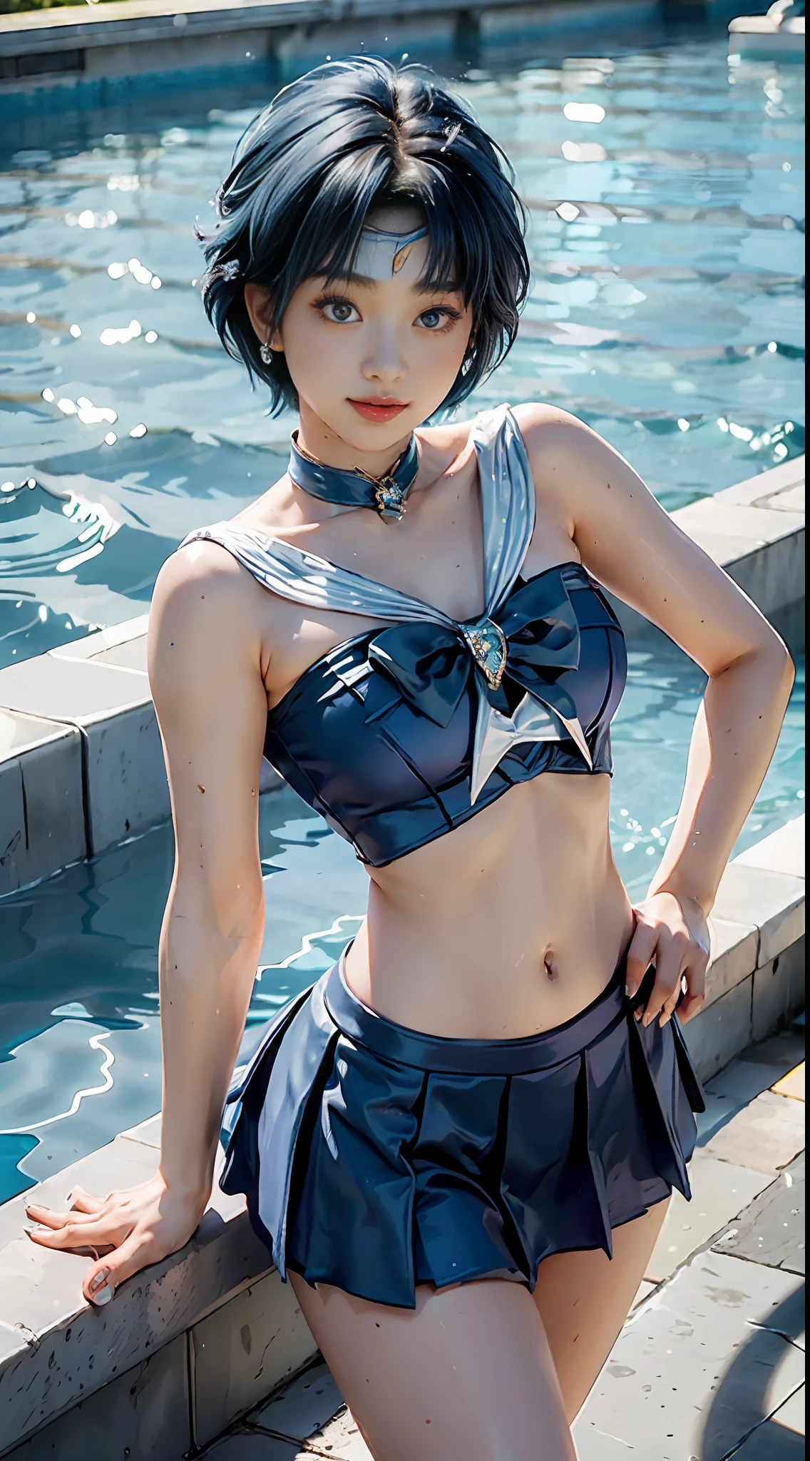Best Quality, Masterpiece, Ultra High Resolution, (Realism: 1.4), Original Photo, 1girl, (Sailor Moon: 2.1) ((Ami Mizuno / Sailor Crystal, Sailor Mercury)), Charming Smile, Short Hair, Short Blue Hair, Leaky Belly Button, Vibrant Blue Eyes, Short Skirt, Looking at the Viewer, Pool in the background, Dynamic Pose
