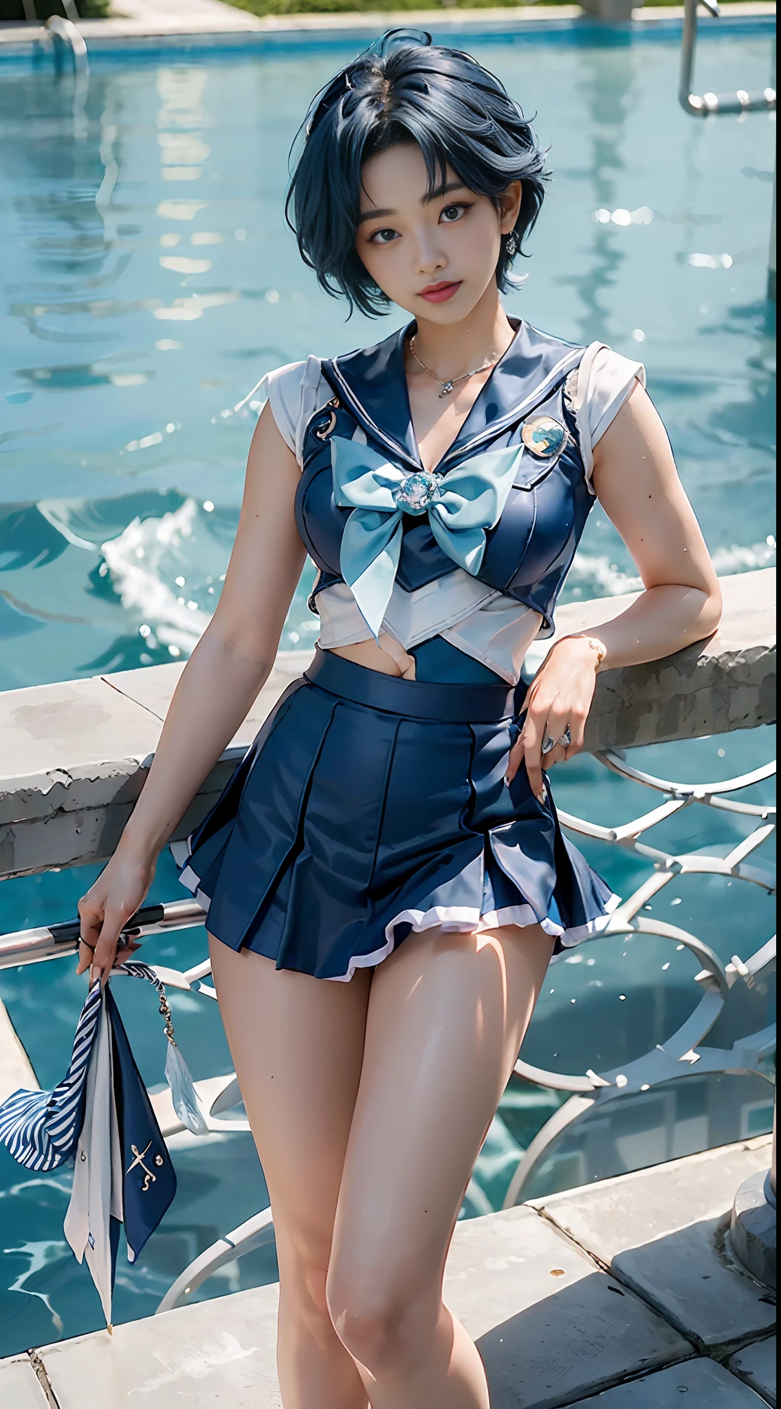 Best Quality, Masterpiece, Ultra High Resolution, (Realism: 1.4), Original Photo, 1girl, (Sailor Moon: 2.1) ((Ami Mizuno / Sailor Crystal, Sailor Mercury)), Charming Smile, Short Hair, Short Blue Hair, Leaky Belly Button, Vibrant Blue Eyes, Short Skirt, Looking at the Viewer, Pool in the background, Dynamic Pose