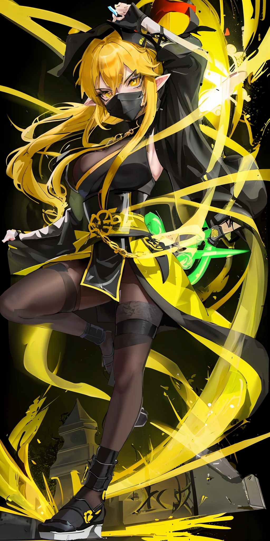 A full-body shot of Princess Zelda, yellow hair, yellow eyes, dressed as a Ninja in black+neon yellow with a black mask and hood with yellow details, XL bust, holding a flaming Kunai attached to a chain. Background: ghoulish cemetery at night with fog. Mortal Kombat, Unreal Engine 5, Anime, Anime style, Masterpiece, Well drawn eyes, well drawn face, well detailed eyes, well detailed face, 8k, light and shadow effect.