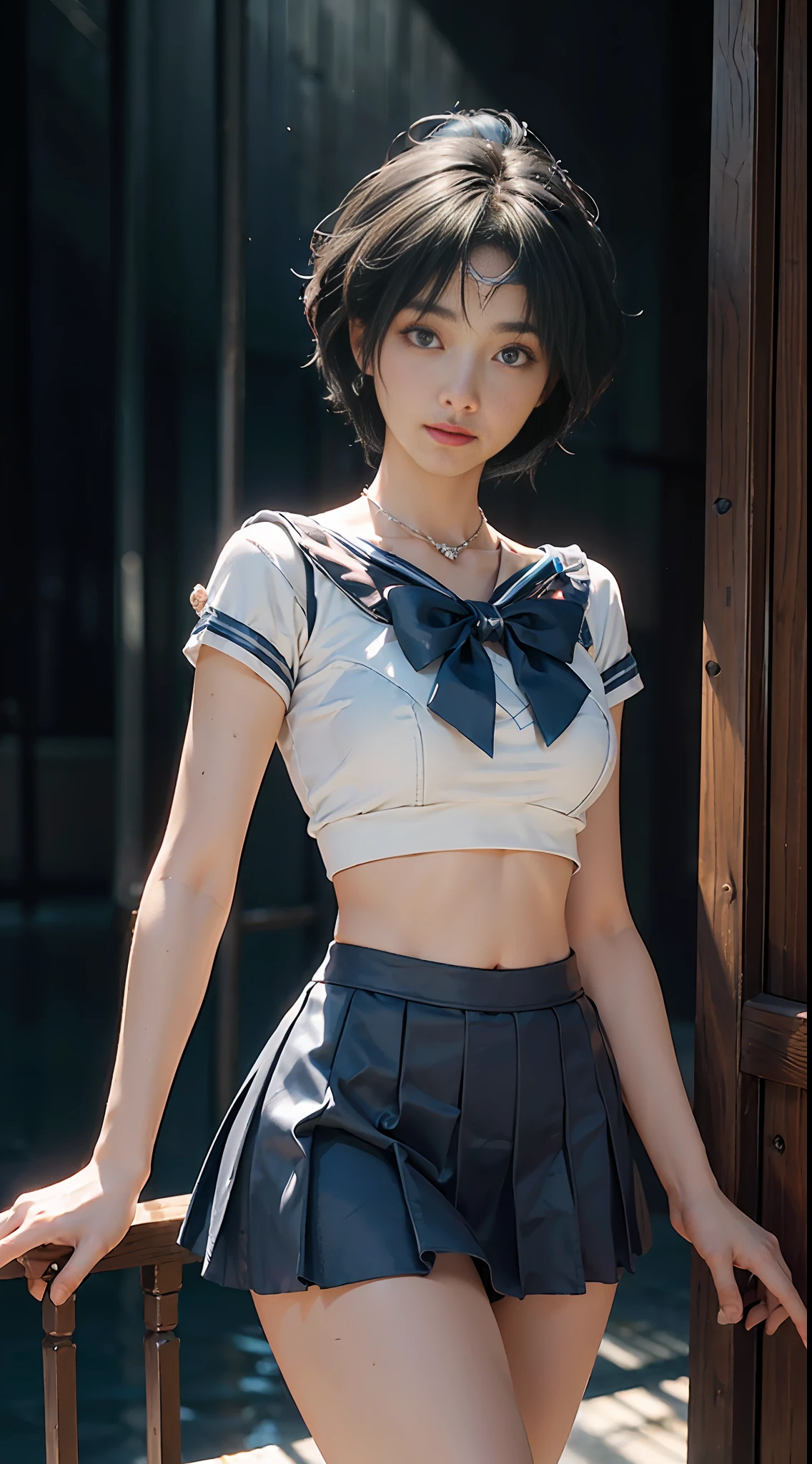 ((Best Quality)), ((Masterpiece)), (detail: 1.4), 3D, , (Sailor Moon: 2.1) ((Ami Mizuno/Sailor Crystal, Sailor Mercury)), charming smile, short hair, short blue hair, leaky belly button, vibrant blue eyes, short skirt, white top, looking at the viewer,, background of the sea in Pattaya, Thailand, dynamic pose, (excellent detail, outstanding lighting, wide angle), HDR (High Dynamic Range), ray tracing, NVIDIA RTX, Super Resolution, Unreal 5, Subsurface Scattering, PBR Textures, Post Processing, Anisotropic Filtering, Depth of Field, Maximum Sharpness and Acutance, Multi-Layer Textures, Albedo and Highlight Mapping, Surface Shading, Accurate Simulation of Light-Material Interactions, Perfect Proportions, Octane Rendering, Two-tone Lighting, Wide Aperture, Low ISO, White Balance, Rule of Thirds, 8K RAW