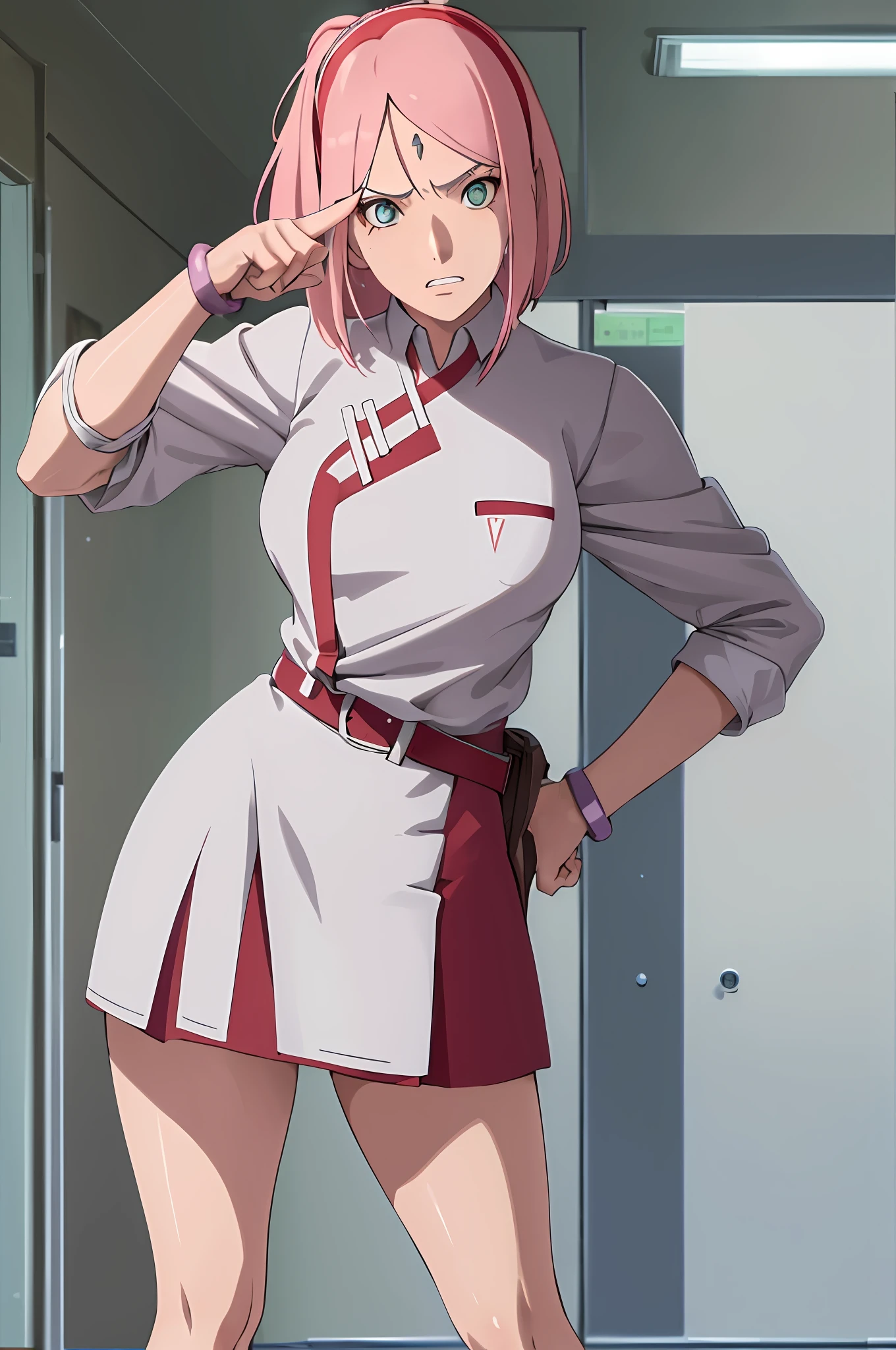 masterpiece, best quality, highres, 1girl, anjou naruko, hairclip, large breasts, school uniform, sleeves rolled up, wrist scrunchie, belt, white shirt, red skirt, socks, classroom, hand on hip, leaning forward, frown, pointing at viewer, panties pulled to legs, stocking, teeth gritting