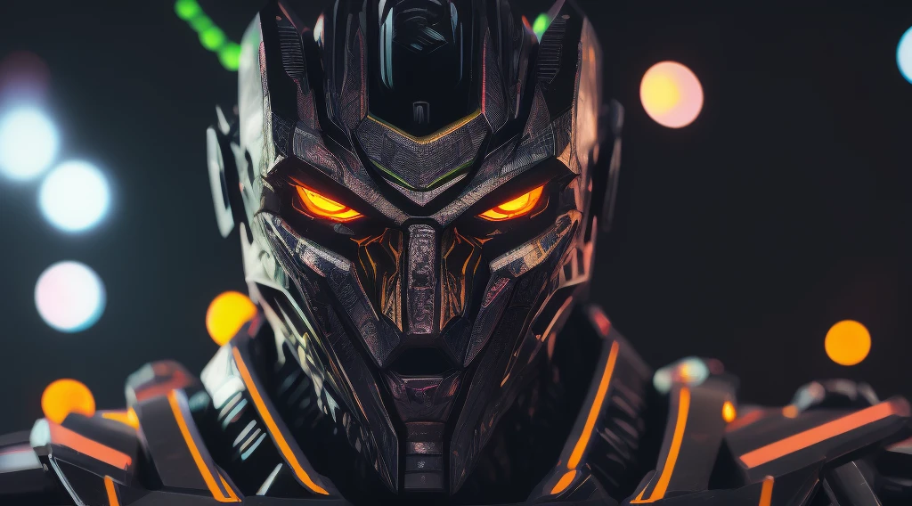Transformers style man face dark, demon with neon eyes, realistic photo, ultra details, natural light, black background, photo, cinematic photography + dynamic composition, incredibly detailed, sharp, detail + intricate detail + professional lighting, film lighting + 35mm + anamorphic + lightroom + cinematography + bokeh + lens flare + film grain,dark black background, 3d block background