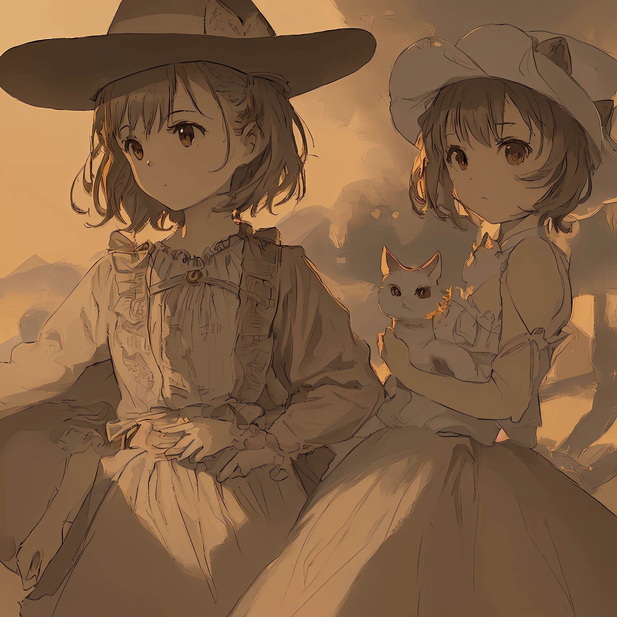 (extremely detailed, masterpiece, pulp style),(better lighting, better shading, extremely delicate and beautiful),
[(little girl),(dressed as a cowboy),(walking happily with her orange cat),(far west),(daytime)]:0.8, 
[desert landscape, sand and rocks, burning sun]:0.4.