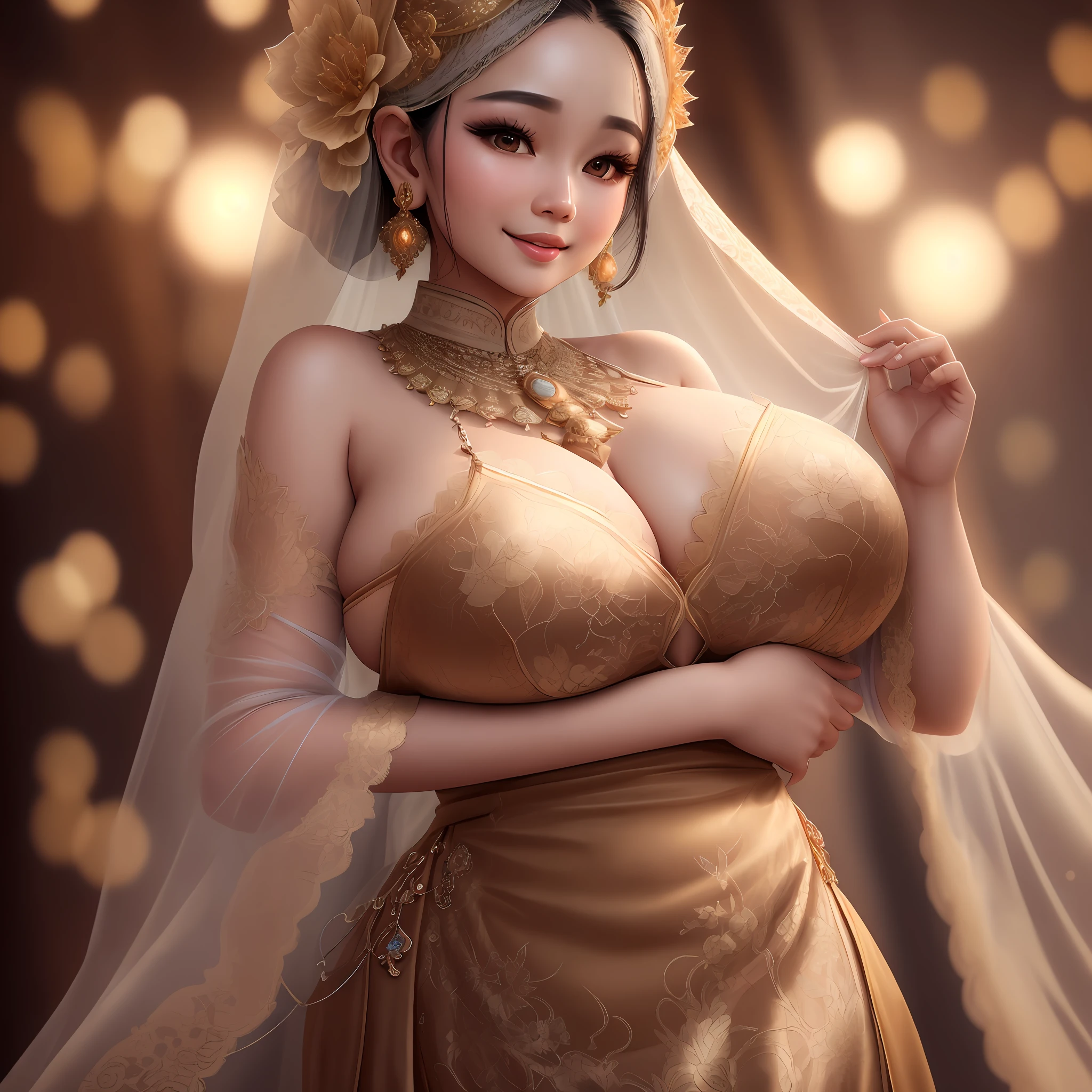 best quality, masterpiece, highres, 1girl, transparent lace javanese kebaya, cotton robe, memakai jilbab, smile, closed mouth,lips, dress, necklace, jewelry, javanese clothes, make-up, earrings, detailed beautiful eyes,detailed eyelash, Beautiful face,upon_body, tyndall effect,photorealistic, rim lighting, two tone lighting,(high detailed skin:1.2), 8k uhd, dslr, soft lighting, high quality, volumetric lighting, candid, Photograph, high resolution, 4k, 8k, Bokeh, in home, leaf falling , spring, (gigantic breasts:1.5), black kebaya