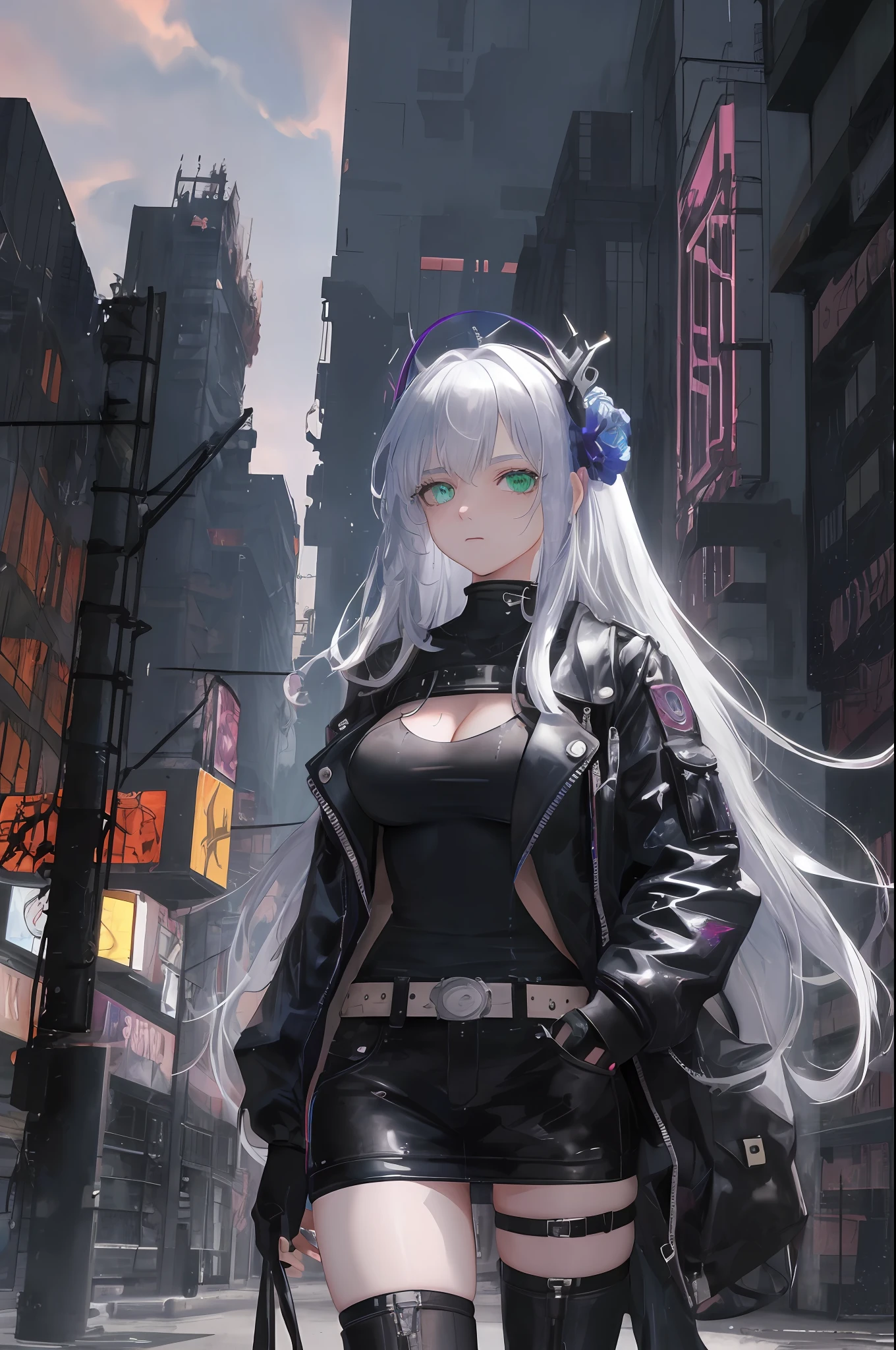 Cyberpunk style artwork of Cornflower, transforming an original masterpiece into a cyberpunk themed artwork with perfect details and beautifully clear backgrounds (Unity CG 8K wallpaper: 1.05) and depth of field (0.75). A sexy young woman in black with long silver hair and a neon flower headdress (1.1) standing in (spring:0.45) an abandoned cyberpunk city (1.25) under a neon (1.1) sky: 1.1 .Her proportions have been adjusted to be more realistic, with detailed beautiful eyes (1.2), stunning face (1.2), flowing silver hair in cyberpunk style (1.05) and striking green eyes (1.1) adding to her charm. However, she is not alone in the abandoned city as she is approaching a group of terrifying monsters. Despite their menace, the girl did not show fear, but gave them a vicious, angry expression. Her expression contrasts sharply with the tranquil rainbow behind her, emphasizing her determination to face the monster head-on.