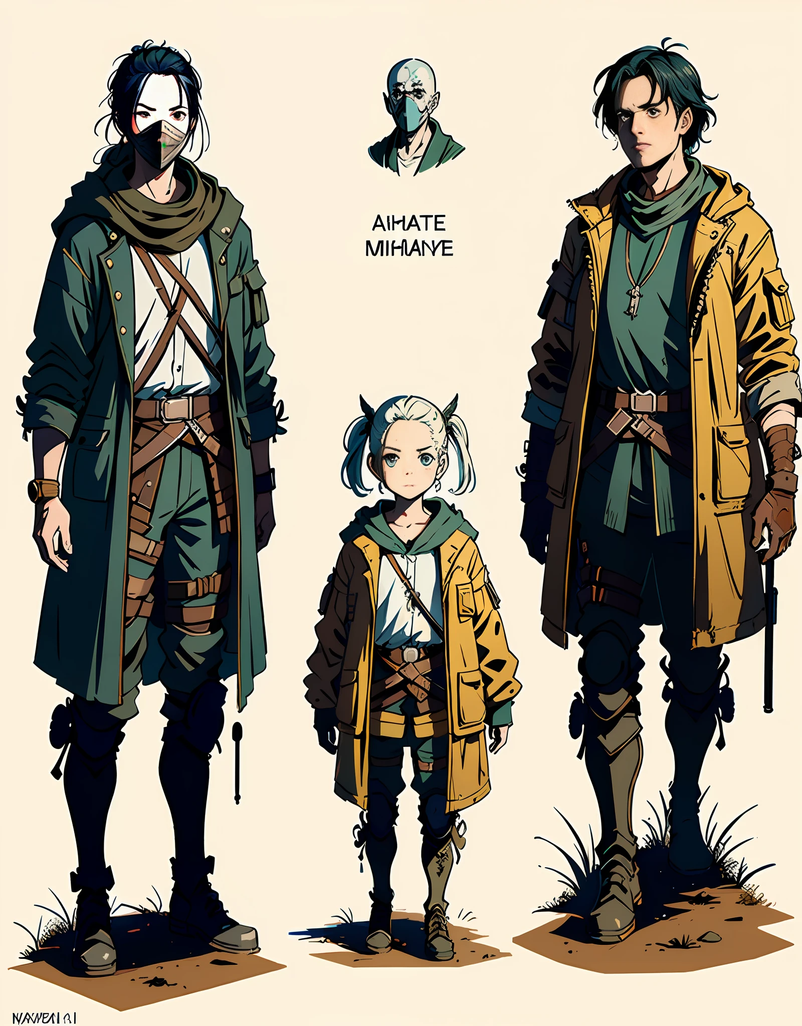 ((masterpiece))), (((best quality))), ((ultra-detailed)), (highly detailed CG illustration), ((extremely delicate and beautiful face)),(masked ), cinematic light, absurd clothes, 1 young girl, ((character sheet)), concept art, ((full-length)), (masterpiece:1.2), (best quality:1.3), 1man, standing, (single background, white background: 1.3),((((CHARACTERS OF THE POST-APOCALYPTIC WASTELAND WORLD)))), ( PEORSONAGES WANDERERS RAIDERS)), ( MAD MAX CONCEPTS))))