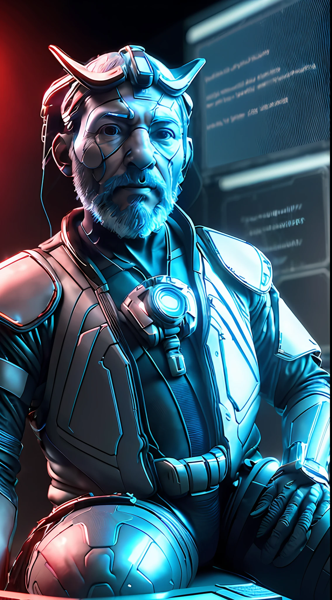a man approximately 50 years old, sitting in front of a computer, computer in the background, cyberpunk style, with an owl in his lap, ornaments on his feathers, computer graphics by Paul Kelpe, winner of the pixabay contest, computer art, rendered in cinema4d, rendered in unreal engine, rendered in maya,