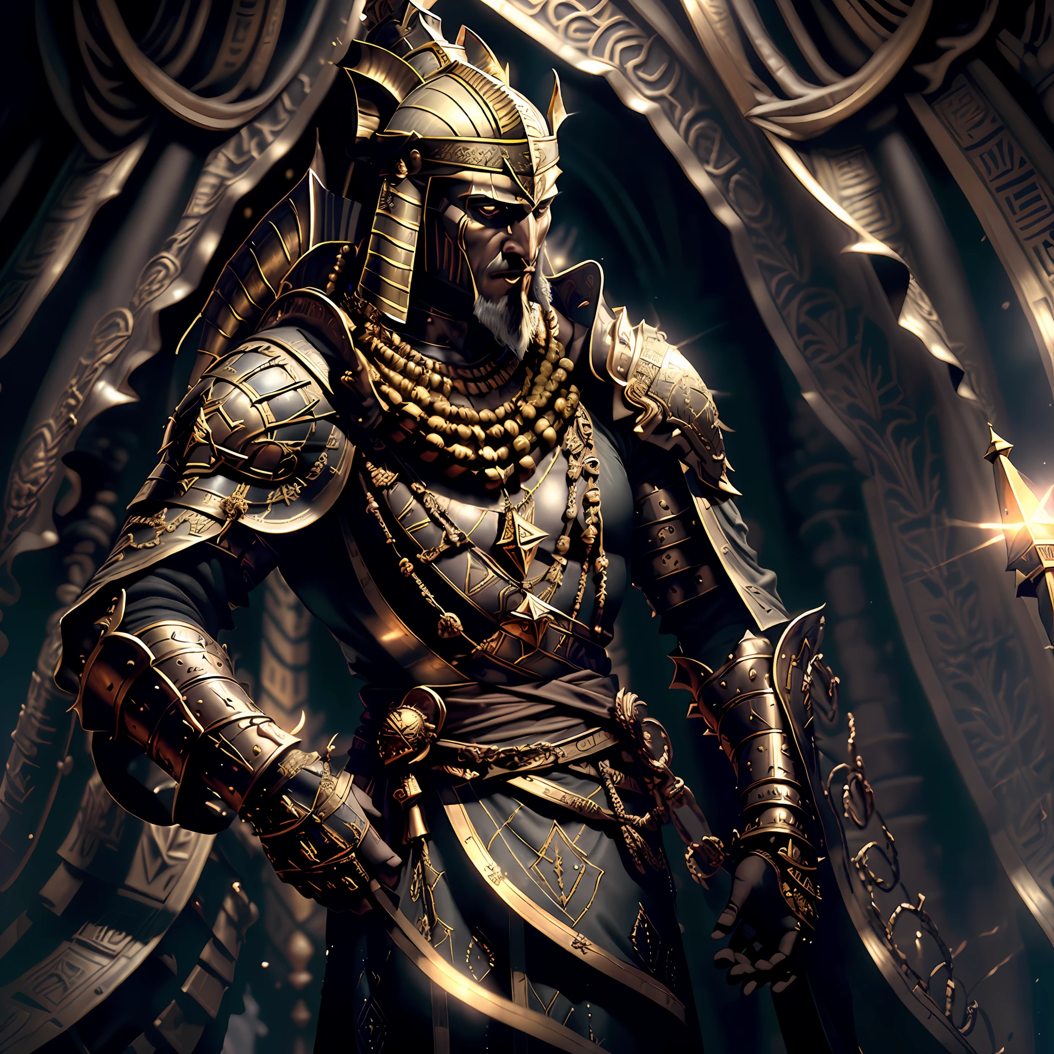 Movie screen, panoramic close-up of the character in the center of the picture. In a secret room inside the pyramid, there is a circle of mysterious runes on the ground that is flashing with golden light, and in the center of the rune ring stands a male-minded Egyptian missionary, a fallen pharaoh, with a tough figure, perfect appearance and figure of the golden ratio::2, the face has several layers of folds, has a pharaoh's fake beard, wears Tutankhamun's headdress, evil and dark, wears a dark gray thin robe, wears many dark gold Egyptian mythological ornaments, holds a golden and blue-green snake staff, and chants words in his mouth. retro dark vintage, Magic realism, full details, Gothic-style, Mood lighting, Cinematic lighting, Real-time lighting, Dim light effect, Unreal Engine, C4D Renderer, Mental Ray, Physically Based Rendering, Anti-aliasing, 16K Resolution, High Detail, High Quality, Adrian Smith style, Frank Frazetta style, Craig Mullins style