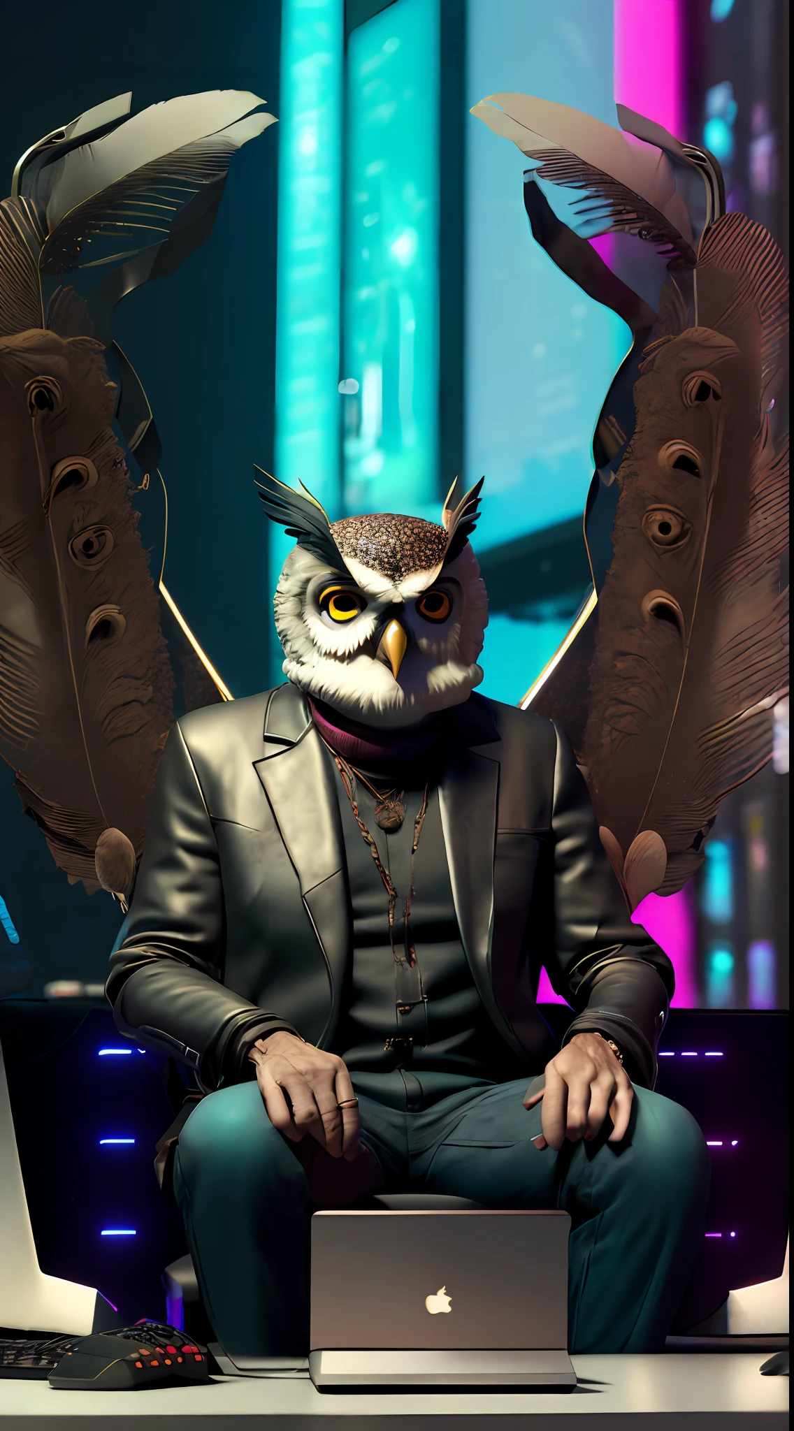 a man approximately 50 years old, sitting in front of a computer, computer in the background, cyberpunk style, with an owl in his lap, ornaments on his feathers, computer graphics by Paul Kelpe, winner of the pixabay contest, computer art, rendered in cinema4d, rendered in unreal engine, rendered in maya,