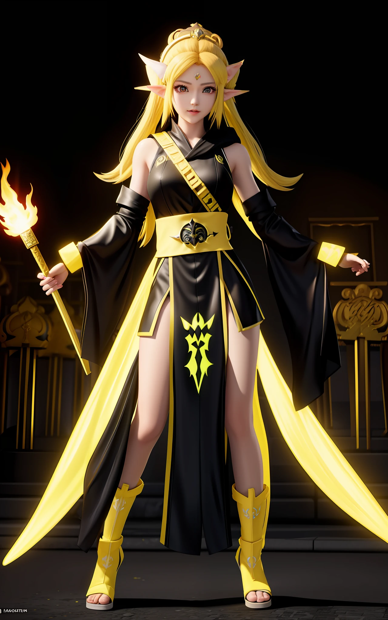 A full-body shot of Princess Zelda, yellow hair, yellow eyes, dressed as a Ninja in black+neon yellow with a black mask and hood with yellow details, XL bust, holding a flaming Kunai attached to a chain. Background: ghoulish cemetery at night with fog. Mortal Kombat, Unreal Engine 5, Anime, Anime style, Masterpiece, Well drawn eyes, well drawn face, well detailed eyes, well detailed face, 8k, light and shadow effect.