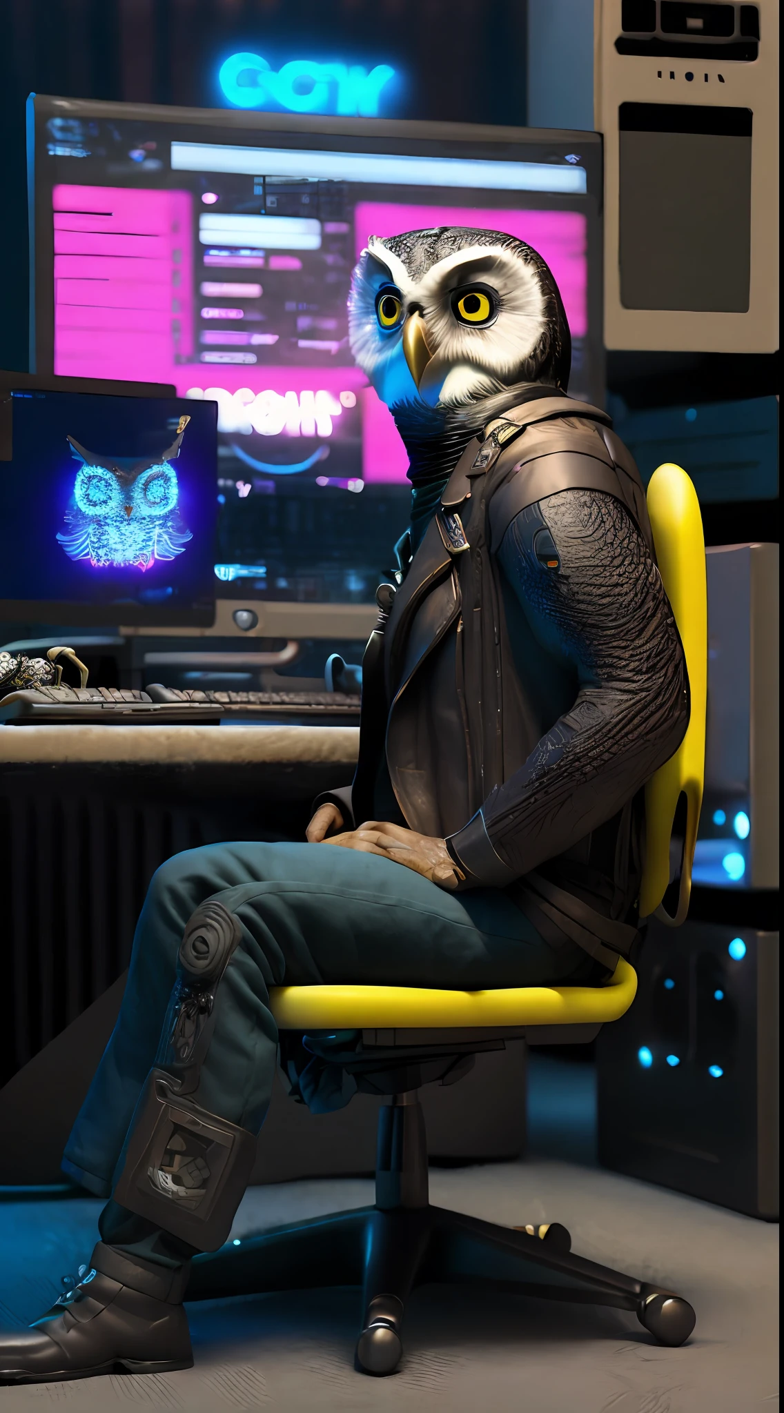 a man approximately 50 years old, sitting in front of a computer, computer in the background, cyberpunk style, with an owl in his lap, ornaments on his feathers, computer graphics by Paul Kelpe, winner of the pixabay contest, computer art, rendered in cinema4d, rendered in unreal engine, rendered in maya,