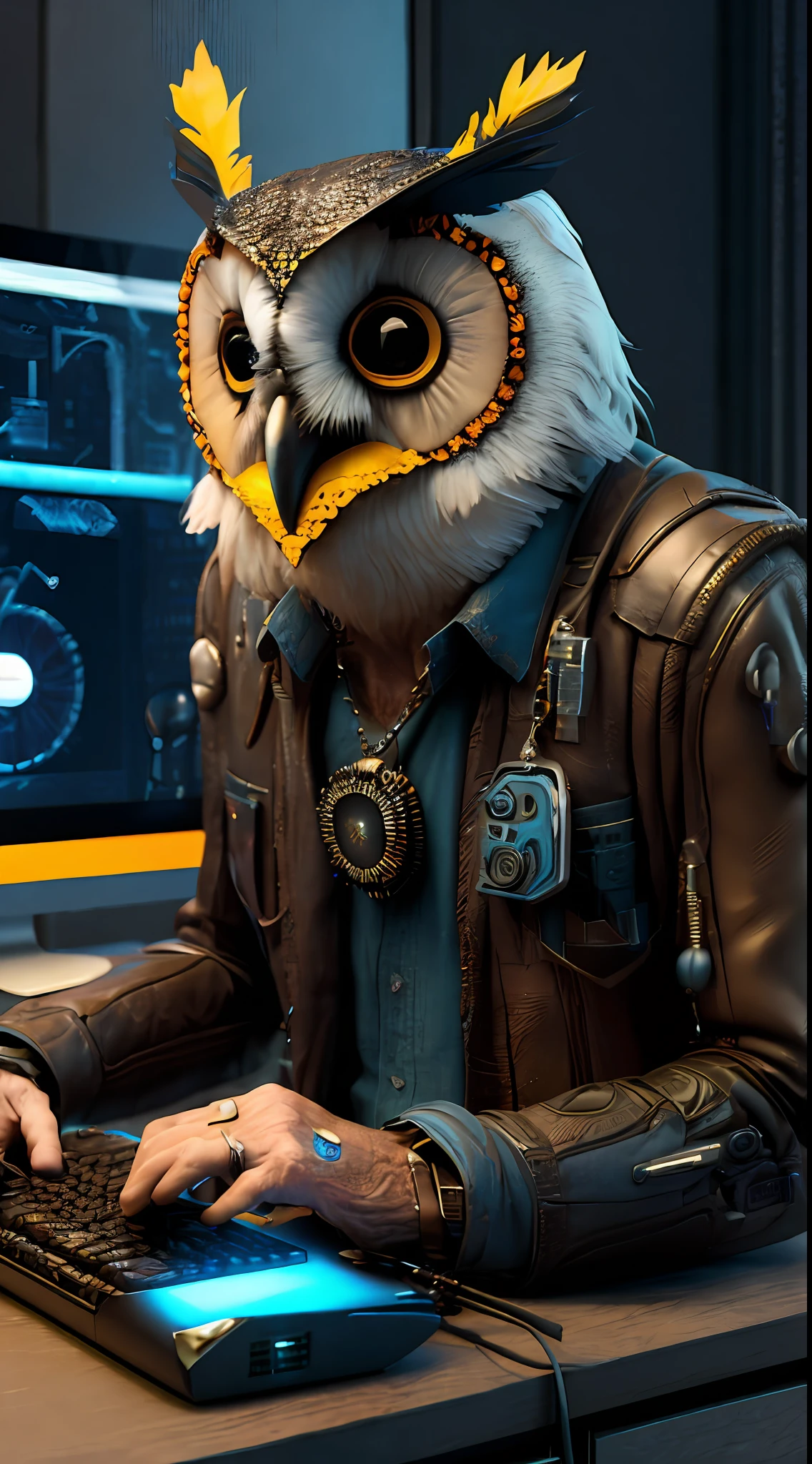 a man approximately 50 years old, sitting in front of a computer, computer in the background, cyberpunk style, with an owl in his lap, ornaments on his feathers, computer graphics by Paul Kelpe, winner of the pixabay contest, computer art, rendered in cinema4d, rendered in unreal engine, rendered in maya,
