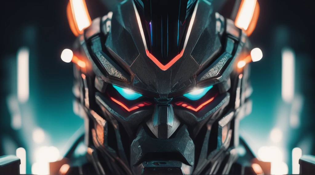 powerful transformers-style man face, demon with neon eyes, realistic photo, ultra detail, natural light, black background, photo, cinematic photography + dynamic composition, incredibly detailed, sharp, detail + intricate detail + professional lighting, film lighting + 35mm + anamorphic + lightroom + cinematography + bokeh + lens flare + film grain,dark all black background, 3d block background