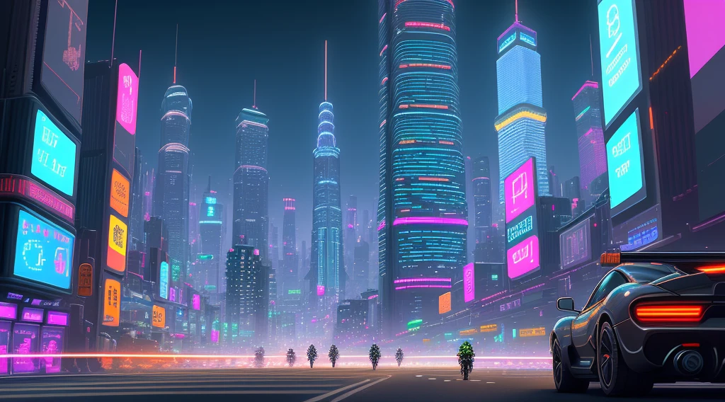 pixelart  Create an image of a futuristic city, with gleaming skyscrapers, flying cars, and advanced technology. Show the bustling streets, the neon lights, and the people of the future.
