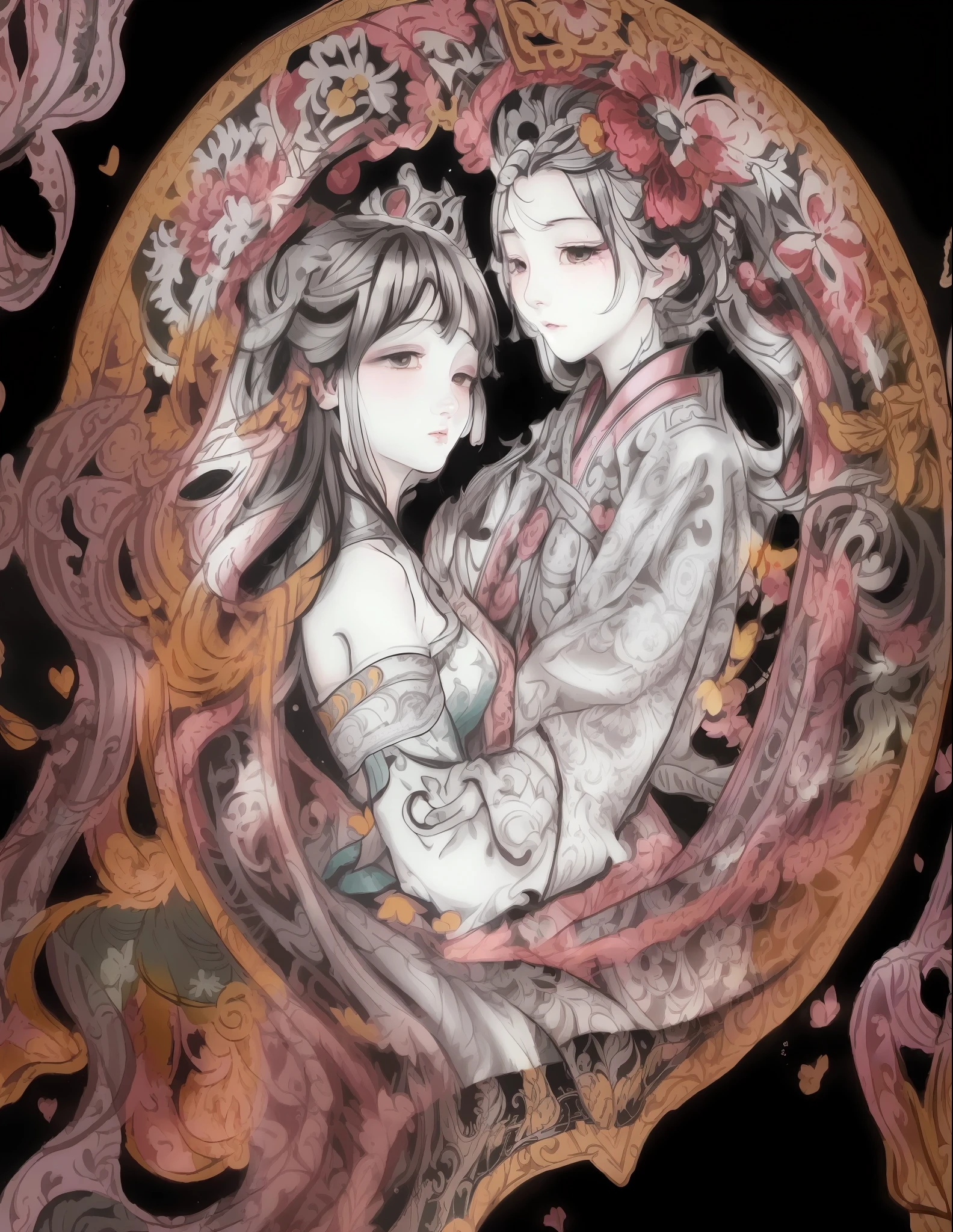 a close up of a drawing of a couple in a circle, exquisite line art, ornate patterned people, fantasy coloring, korean art nouveau anime, black and white coloring, exquisite digital illustration, a beautiful artwork illustration, coronation of the flower prince, fairy-tale illustration style, official illustration, super detailed color art, romanticism art style, official artwork