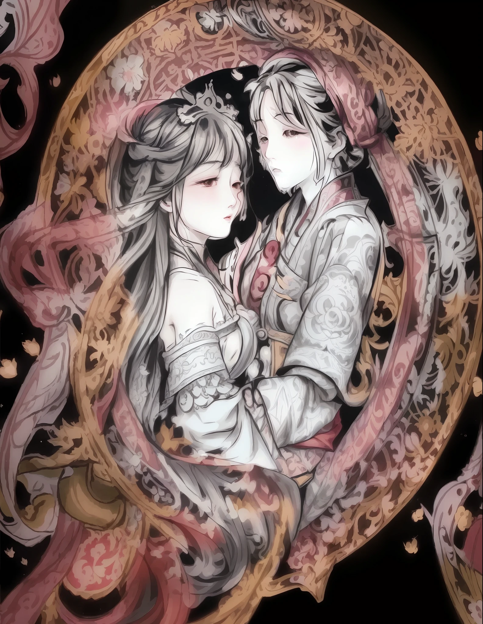 a close up of a drawing of a couple in a circle, exquisite line art, ornate patterned people, fantasy coloring, korean art nouveau anime, black and white coloring, exquisite digital illustration, a beautiful artwork illustration, coronation of the flower prince, fairy-tale illustration style, official illustration, super detailed color art, romanticism art style, official artwork