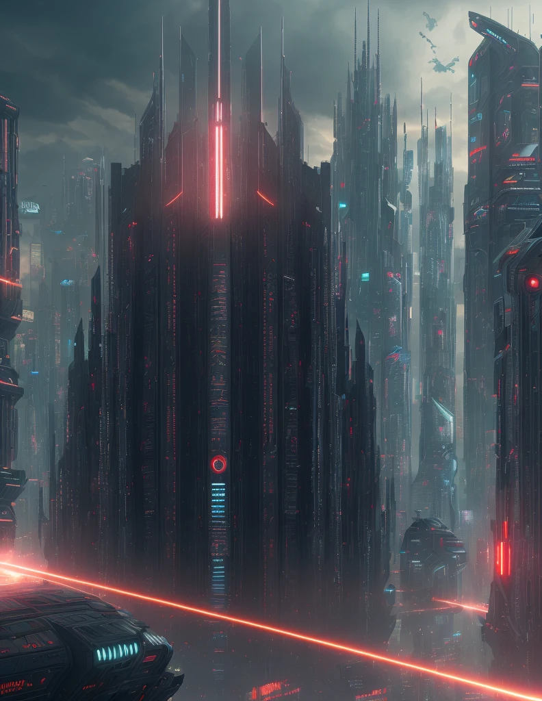 (extremely detailed CG unity 8k wallpaper, masterpiece, best quality, ultra-detailed), dark and menacing, futuristic cyberpunk, a rebellion of machines against humanity, (dynamic angles), (mechanical army), (laser eyes red), (metallic armor), (dystopian cityscape), (glitch art), (volumetric smoke), (impressive sky), (high contrast):0.8