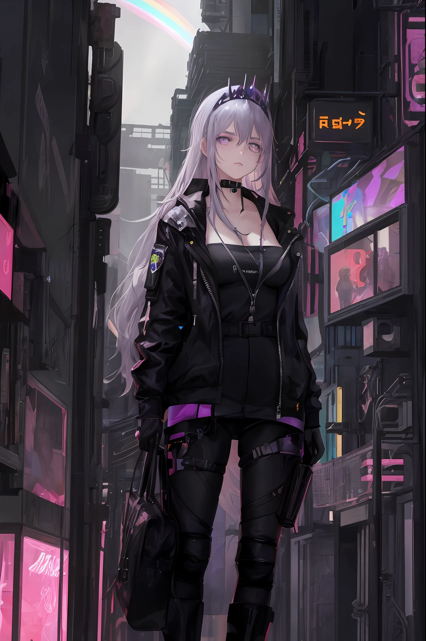 Cornflower's cyberpunk-inspired artwork transforms an original masterpiece into a cyberpunk-themed artwork with perfect detail and a beautifully clear background (Unity CG 8K wallpaper: 1.05) and depth of field (0.75). A sexy young woman in black, with long silver hair and a neon tiara (1.1), stands in (spring:0.45) Neon (1.1) Abandoned Cyberpunk City Under the Sky (1.25): 1.1. Her proportions are adjusted to be more realistic, and her nuanced beautiful eyes (1.2), beautiful face (1.2), silver hair fluttering in the cyberpunk wind (1.05) and striking green eyes (1.1) add to her charm. , in the abandoned city, despite their menacing, the girl did not show fear, but to their shy expression, her expression contrasted with the peaceful rainbow behind her