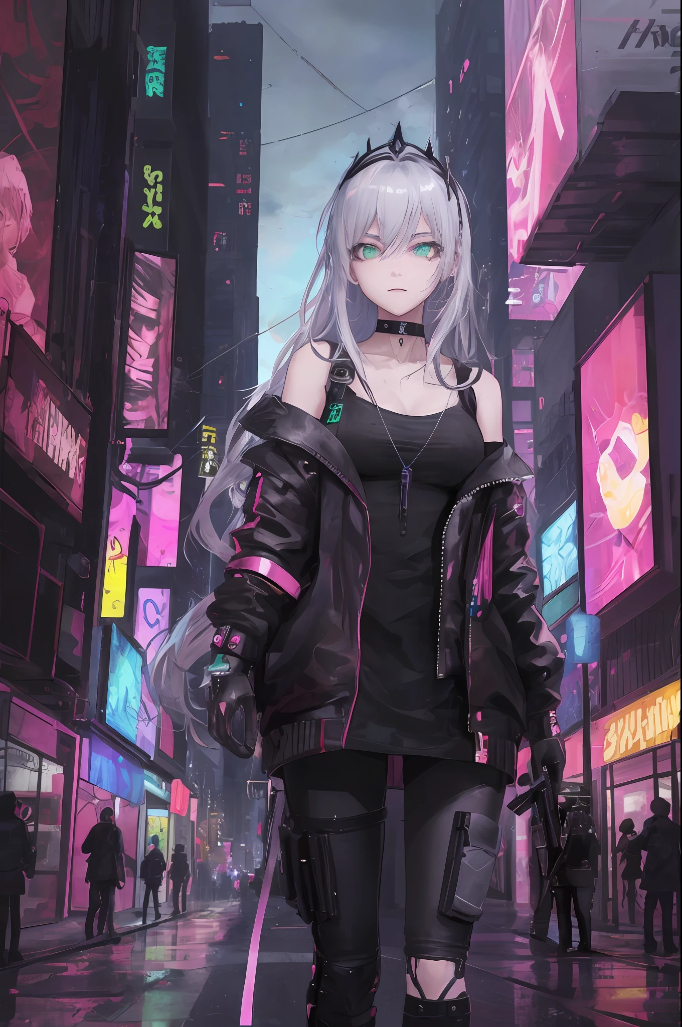 Cornflower's cyberpunk-inspired artwork transforms an original masterpiece into a cyberpunk-themed artwork with perfect detail and a beautifully clear background (Unity CG 8K wallpaper: 1.05) and depth of field (0.75). A sexy young woman in black, with long silver hair and a neon tiara (1.1), stands in (spring:0.45) Neon (1.1) Abandoned Cyberpunk City Under the Sky (1.25): 1.1. Her proportions are adjusted to be more realistic, and her nuanced beautiful eyes (1.2), beautiful face (1.2), silver hair fluttering in the cyberpunk wind (1.05) and striking green eyes (1.1) add to her charm. , in the abandoned city, despite their menacing, the girl did not show fear, but to their shy expression, her expression contrasted with the peaceful rainbow behind her