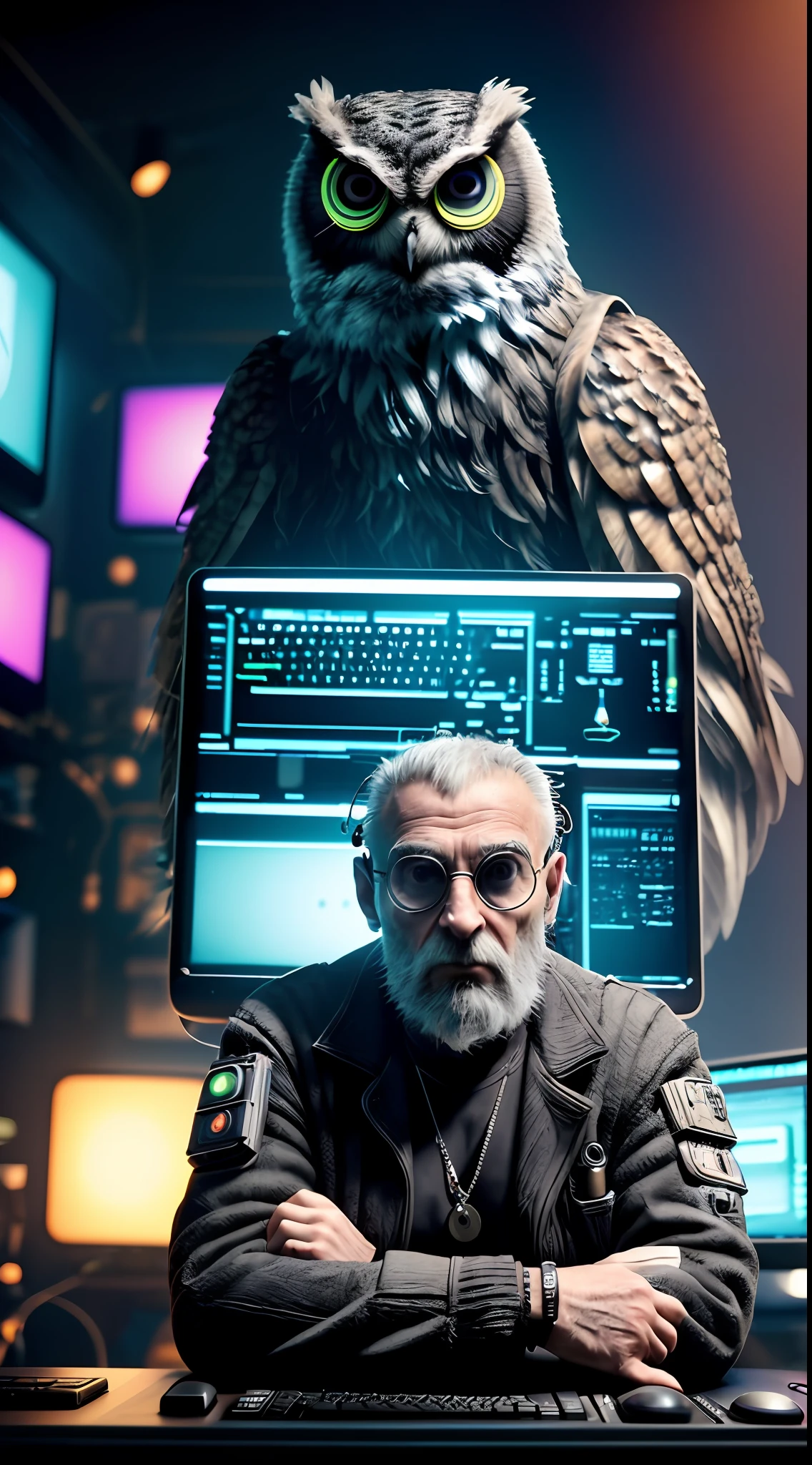 a man approximately 50 years old, sitting in front of a computer, computer in the background, cyberpunk style, with an owl in his lap, ornaments on his feathers, computer graphics by Paul Kelpe, winner of the pixabay contest, computer art, rendered in cinema4d, rendered in unreal engine, rendered in maya,