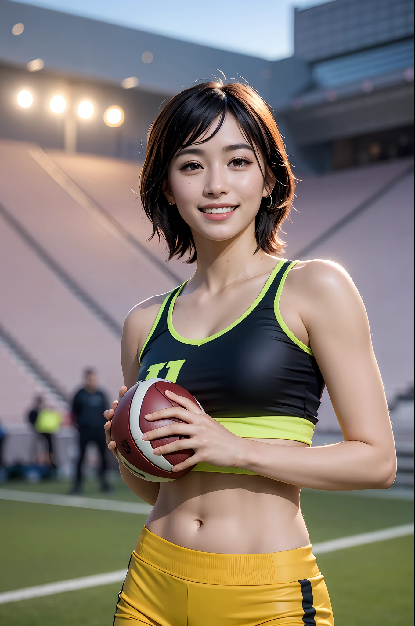 Best quality, masterpiece, ultra high res, (photorealistic:1.4),highly detailed,professional lighting
smile,Playing football ,in stadium,tight sticky crop top and short pant.