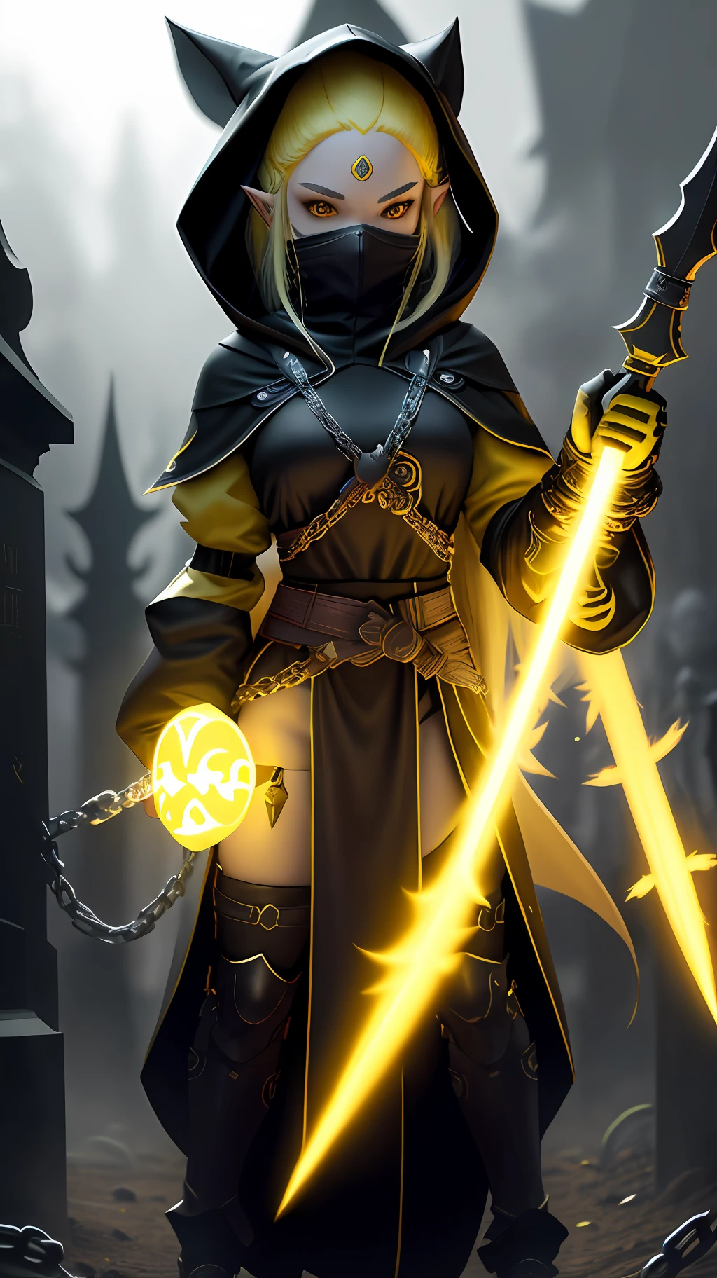 A full-body shot of Princess Zelda, yellow hair, yellow eyes, dressed as a Ninja in black+neon yellow with a black mask and hood with yellow details, XL bust, holding a flaming Kunai attached to a chain. Background: ghoulish cemetery at night with fog. Mortal Kombat, Unreal Engine 5, Anime, Anime style, Masterpiece, Well drawn eyes, well drawn face, well detailed eyes, well detailed face, 8k, light and shadow effect.