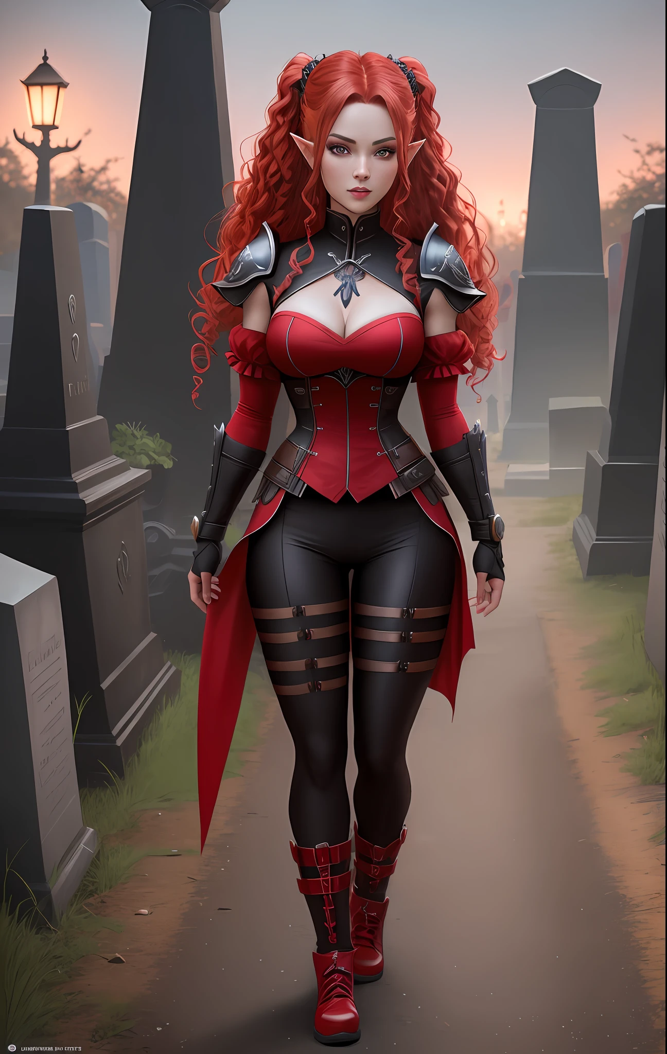 A full body portrait, 8k, Mortal Kombat, Unreal Engine 5, with well drawn and well detailed eyes, with well drawn and well detailed face. Background: Cemetery at night with macabre atmosphere. Character Princess Zelda:: with extra size GG bust, red colored hair, long, curly and attached with marias chuquinhas, she has red colored eyes, red ninja outfit.
