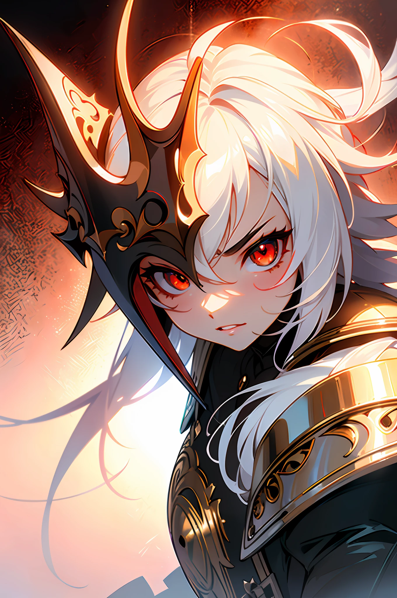 ((masterpiece)), ((high detail)), 1girl,  ((ultra-detailed)),((delicate face)),  Beautiful detailed eyes, gradient hair,hairs between eyes, GSHead,1girl ,solo,white hair,long hair,red eyes,genshin_impact,Fully engraved background,look at the viewer,Flat face,((aggressive face)),((ahoge)),armored,knight,white doff armor, holding a dark european sword,Flat expression, relaxed face, slightly smiling lips,grim armor,Sunlight illuminates the room,((good lighting)),king pose, the angle view is quite far,grim Facial Expression,Standing straight, looking at the viewer, milk white armor with black carvings, dignified,Standing on the red carpet,