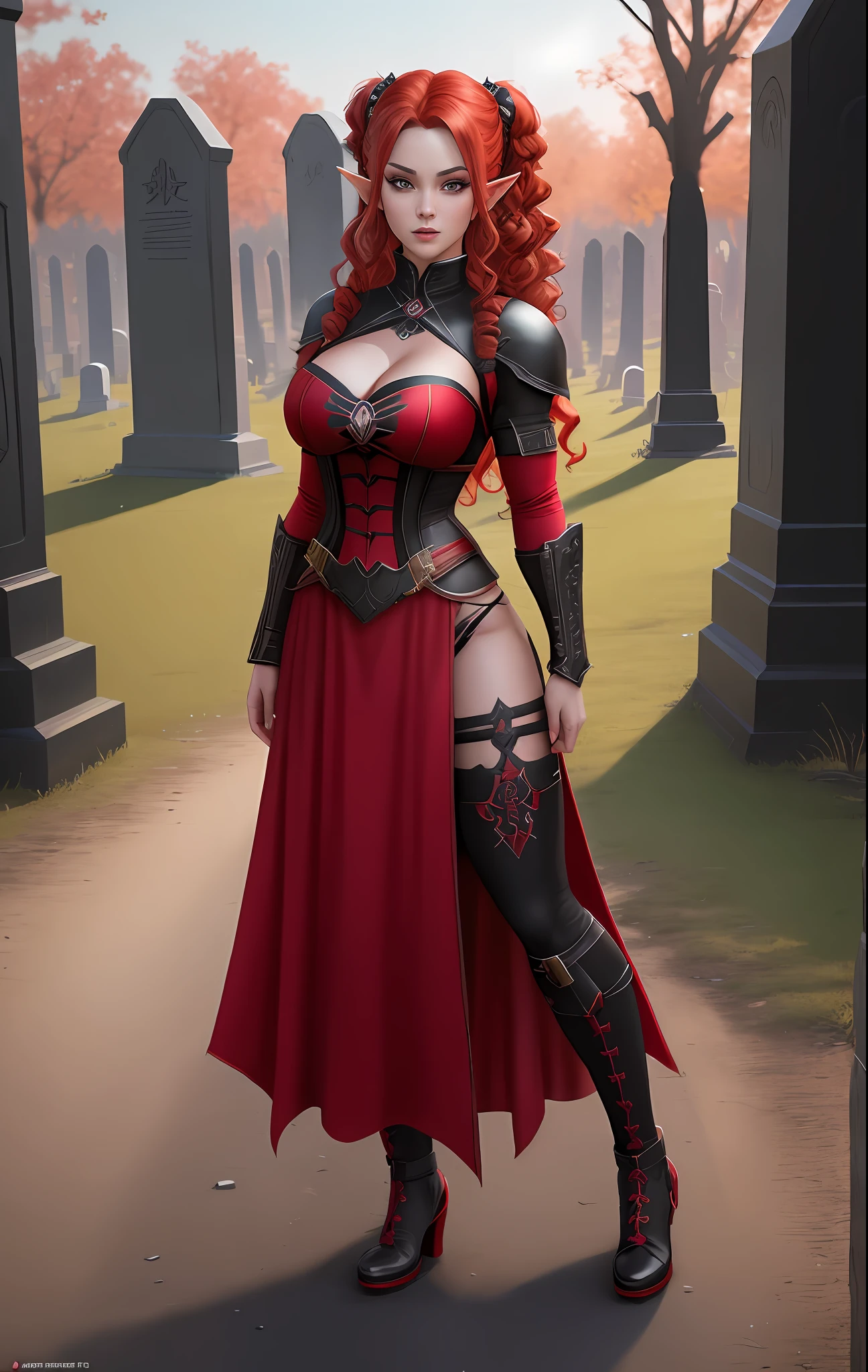 A full body portrait, 8k, Mortal Kombat, Unreal Engine 5, with well drawn and well detailed eyes, with well drawn and well detailed face. Background: Cemetery at night with macabre atmosphere. Character Princess Zelda:: with extra size GG bust, red colored hair, long, curly and attached with marias chuquinhas, she has red colored eyes, red ninja outfit.