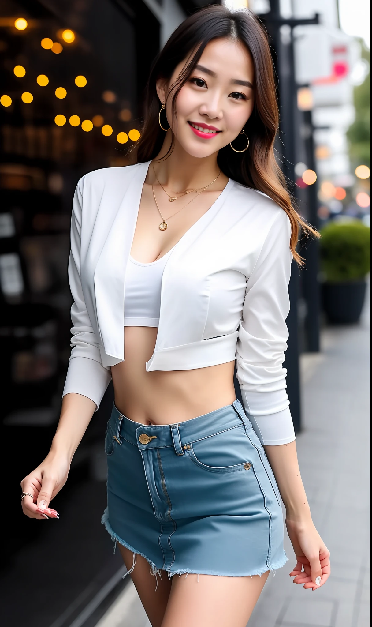 (8k, best quality, masterpiece:1,2), (realistic, photo-realistic:1,37), top quality, masterpiece, a beautiful woman, wear shirt for women crop v neck top white t-shirt korean fashion women's t-shirt with open tight gray color jacket, beautiful and toned body, cleavage, hair tied up, floral mini skirt, walking in the suburbs, dark background night, in shops with Korean-style shop lights, night atmosphere, slightly wet asphalt, seductive smiles with dimples,