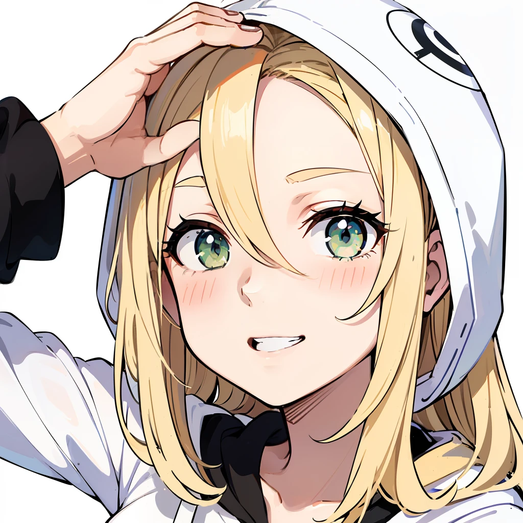 ((masterpiece, illustration, strong outlines 1girl, solo, sharp focus, 8k, ultra-detailed)), (barcode in forehead:1.4), (blonde beige hair:1.3), (loli, small breasts:1.45), smile, happy, long hair, very long hair, (long hair bangs, bangs over the eyes, hair over the eyes, messy hair, asymmetrical hair:1.3), green eyes, dark green eyes, selfie, portrait, face focus, (oversized hoodie, white monochrome hoodie:1.3), cute, digital art, beautiful, perfection, ((transparent background, monochrome background))