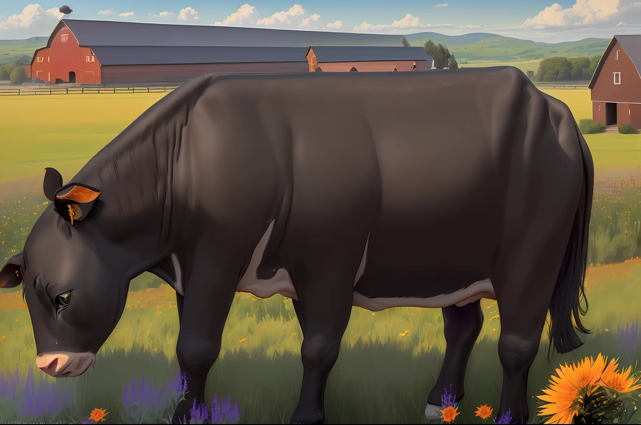 (8k, RAW photo, best quality, masterpiece:1.2), (realistic, photo-realistic:1.37), (a black cat suns itself:1.3), (a tan cow grazes, nearby:1.3), (in the background a tradional red barn, farm house and fields of grass and wildflowers), (idyllic)
